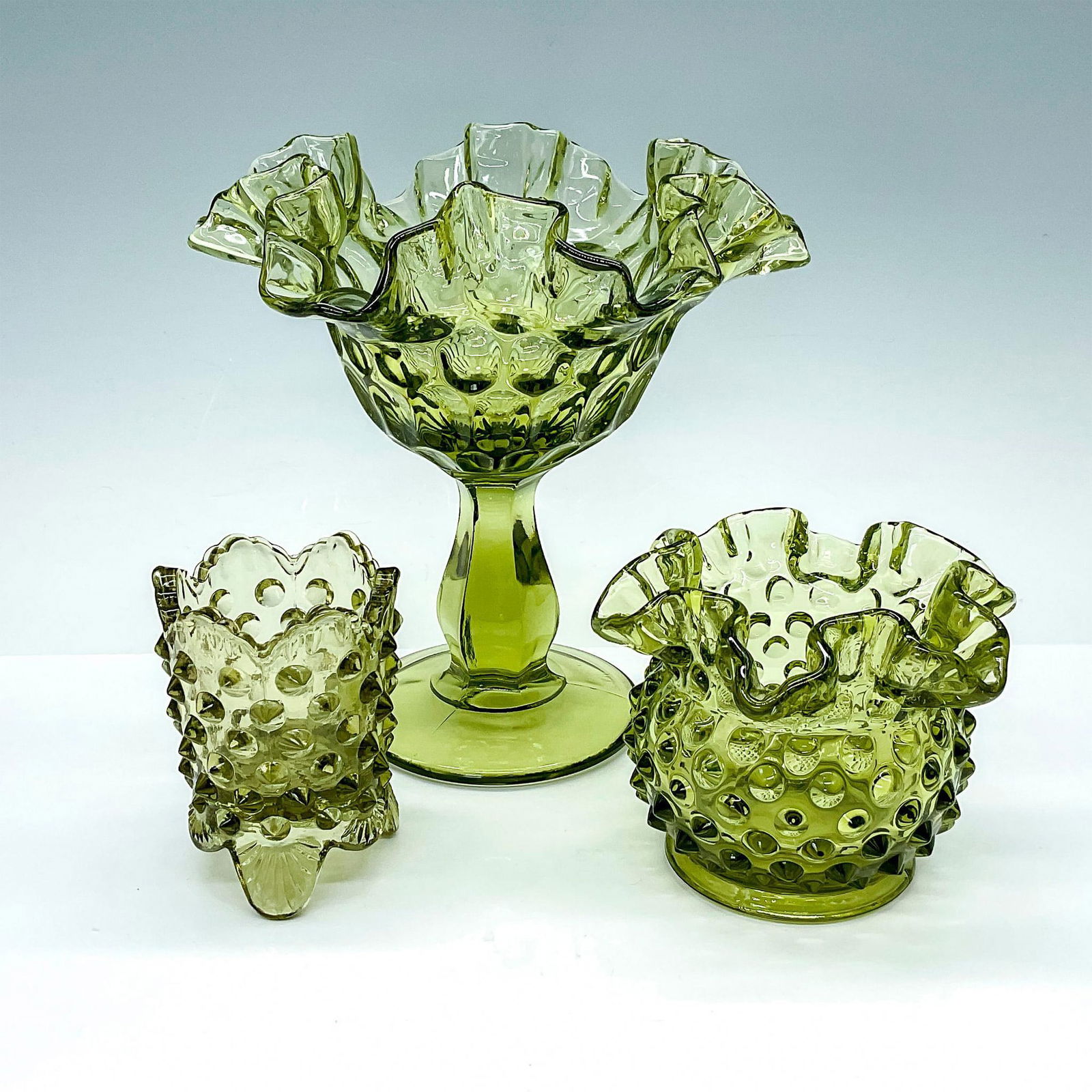 3pc Vintage Green Hobnail Glass Dishes (1 of 3)
