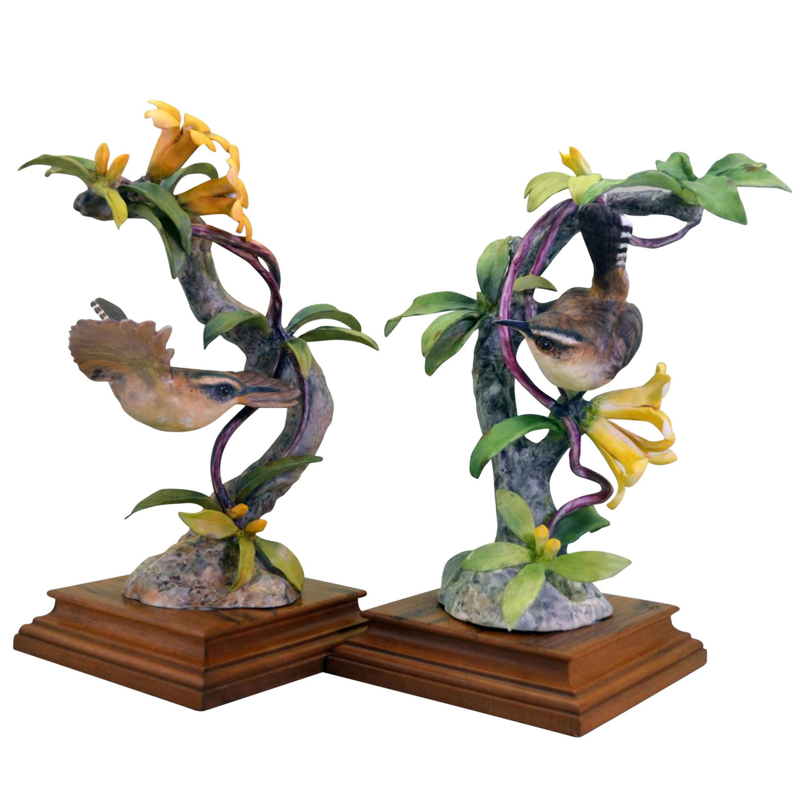 Royal Worcester Porcelain Dorothy Doughty Beswick Wrens And Yellow Jasmine, Pair: English Fine Bone China, Decorated, hand created, hand painted by Dorothy Doughty for Royal Worcester. Issued: 1956. Edition: 500. Both with rose lavender plumage, brown and yellow mottled backs and h