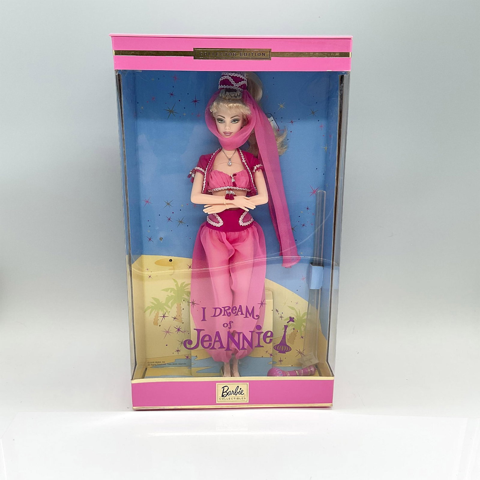 Mattel Collector Edition Barbie Doll, I Dream of Jeannie: Inspired by the 1965 to 1970 American fantasy sitcom, I Dream of Jeannie, Barbie is show as Barbara Eden's portrayal of Jeannie. From her pink whimsical attire and blonde high ponytail to the miniatur
