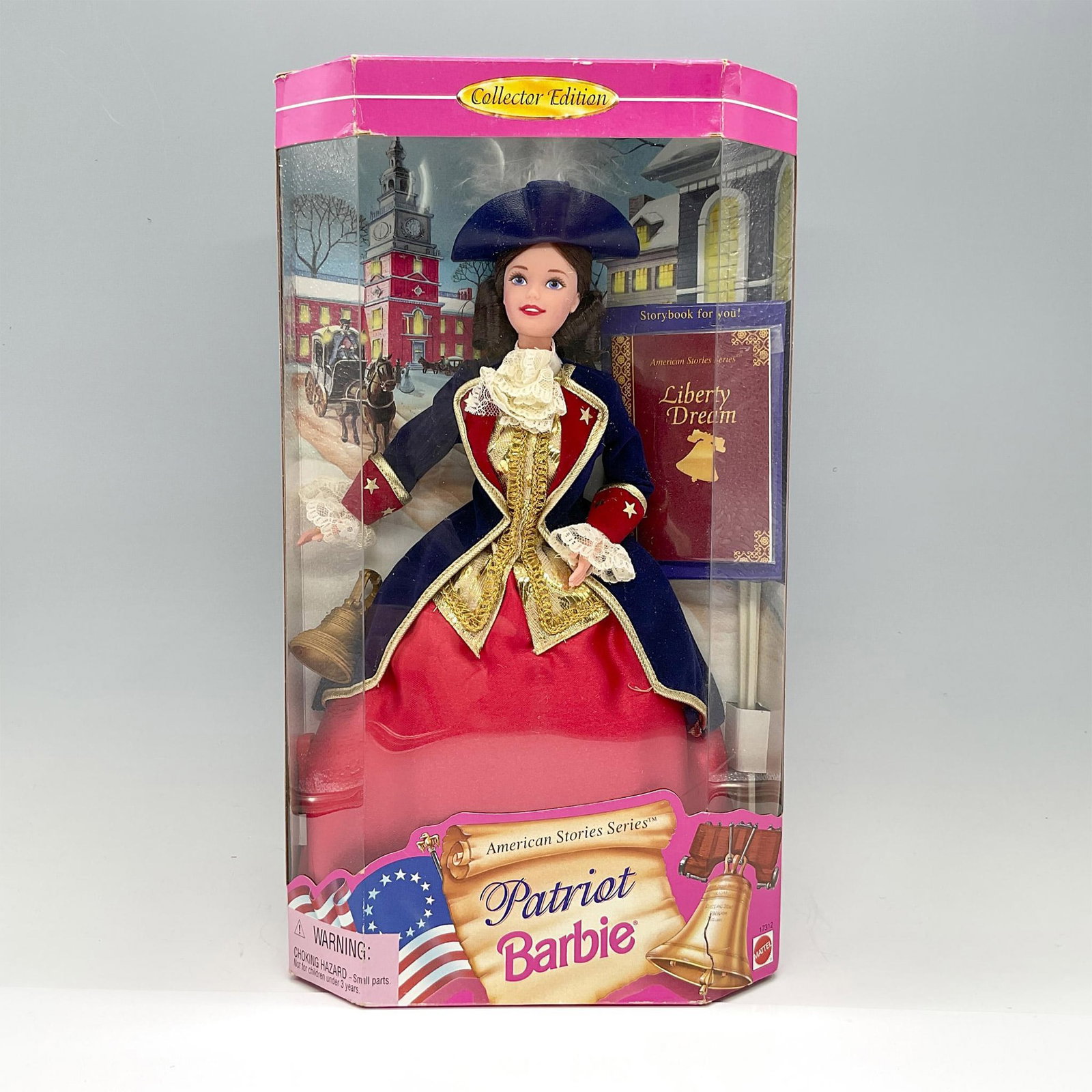 Mattel Patriot Barbie Doll Collector Edition, New in Box: Part of the American Stories Series. Barbie #17312. This item comes sealed in its original box. Issued: 1996 Dimensions: 8"L x 2.5"W x 13.5"H Manufacturer: Mattel