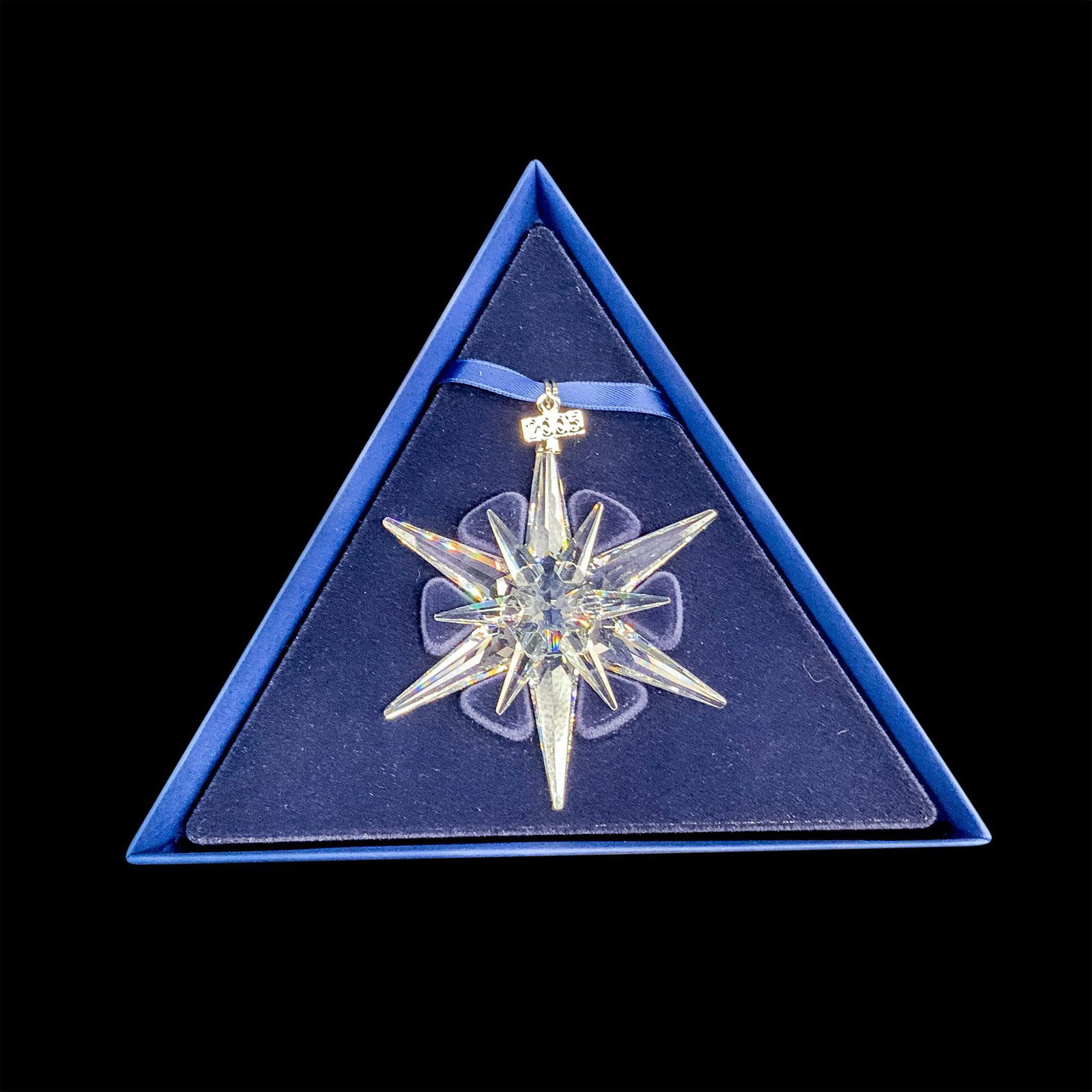 Swarovski Crystal Ornament, Rockefeller Center Star: This retired limited edition Swarovski Christmas tree ornament is made from clear crystal and has 12 points (6 long, 6 short). It also has a metal tag with 2005 etched on it. The box is triangular and