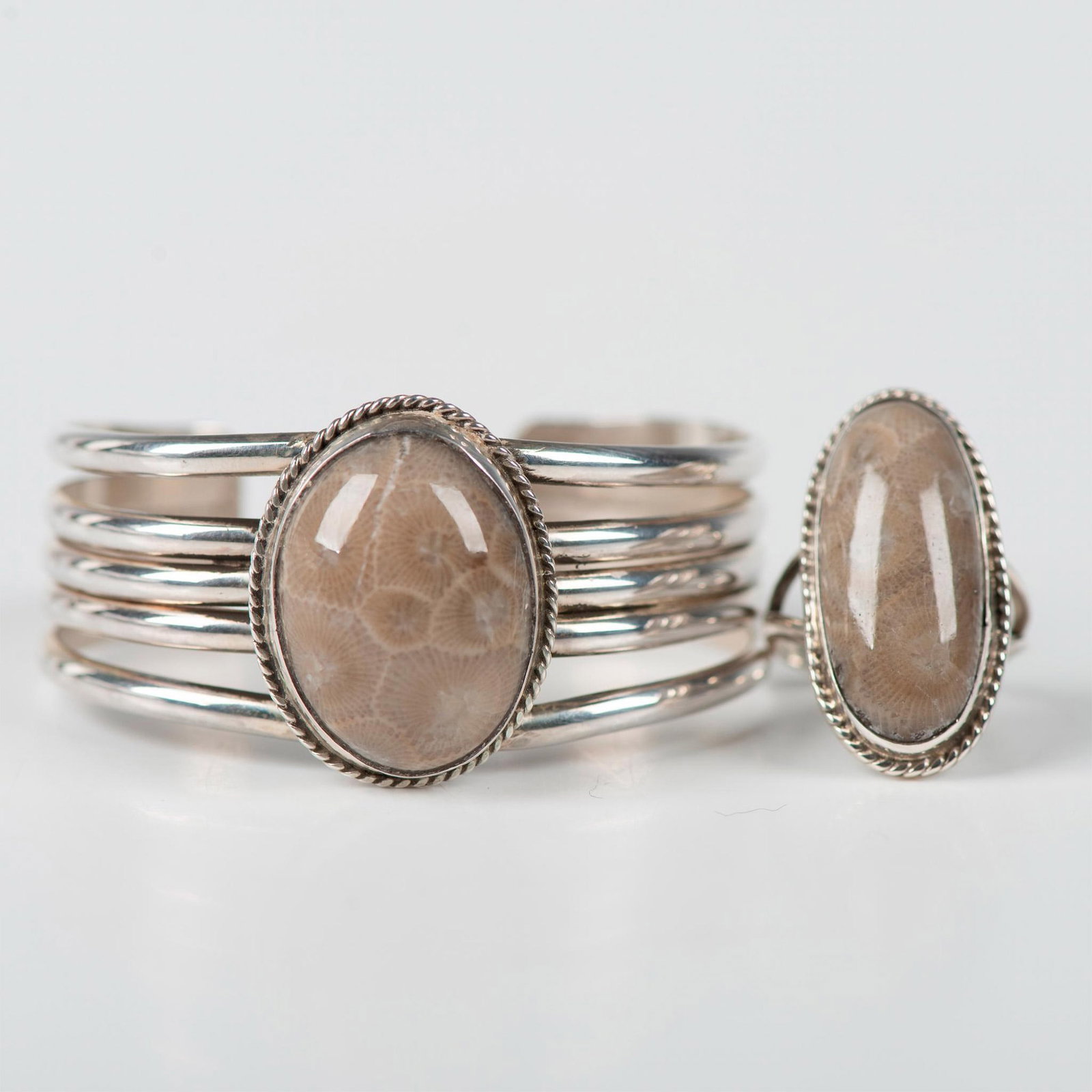 2pc Sterling Silver & Petoskey Stone Cuff Bracelet and Ring (1 of 3)