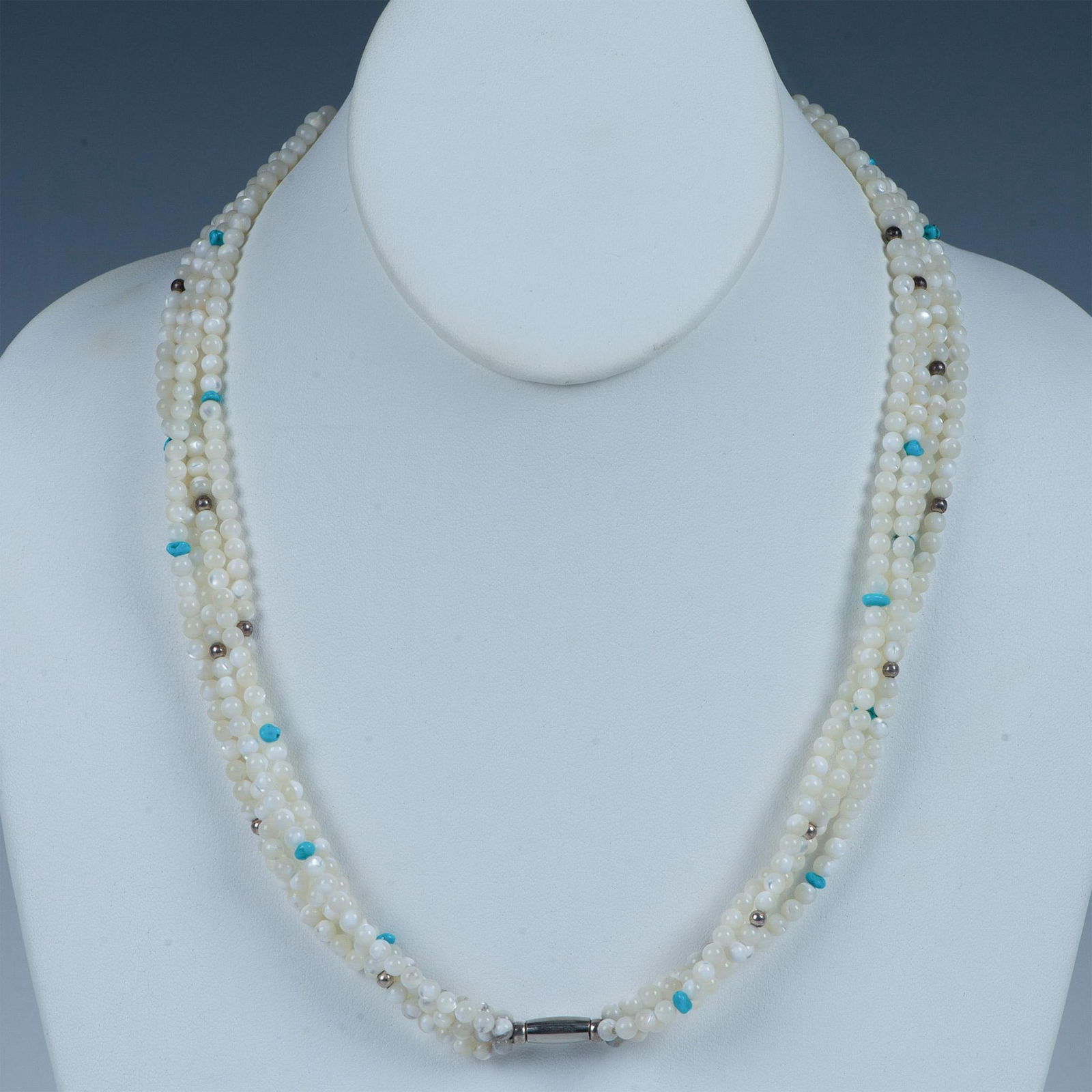 Classy Four Strand Mother of Pearl & Turquoise Bead Necklace (1 of 3)