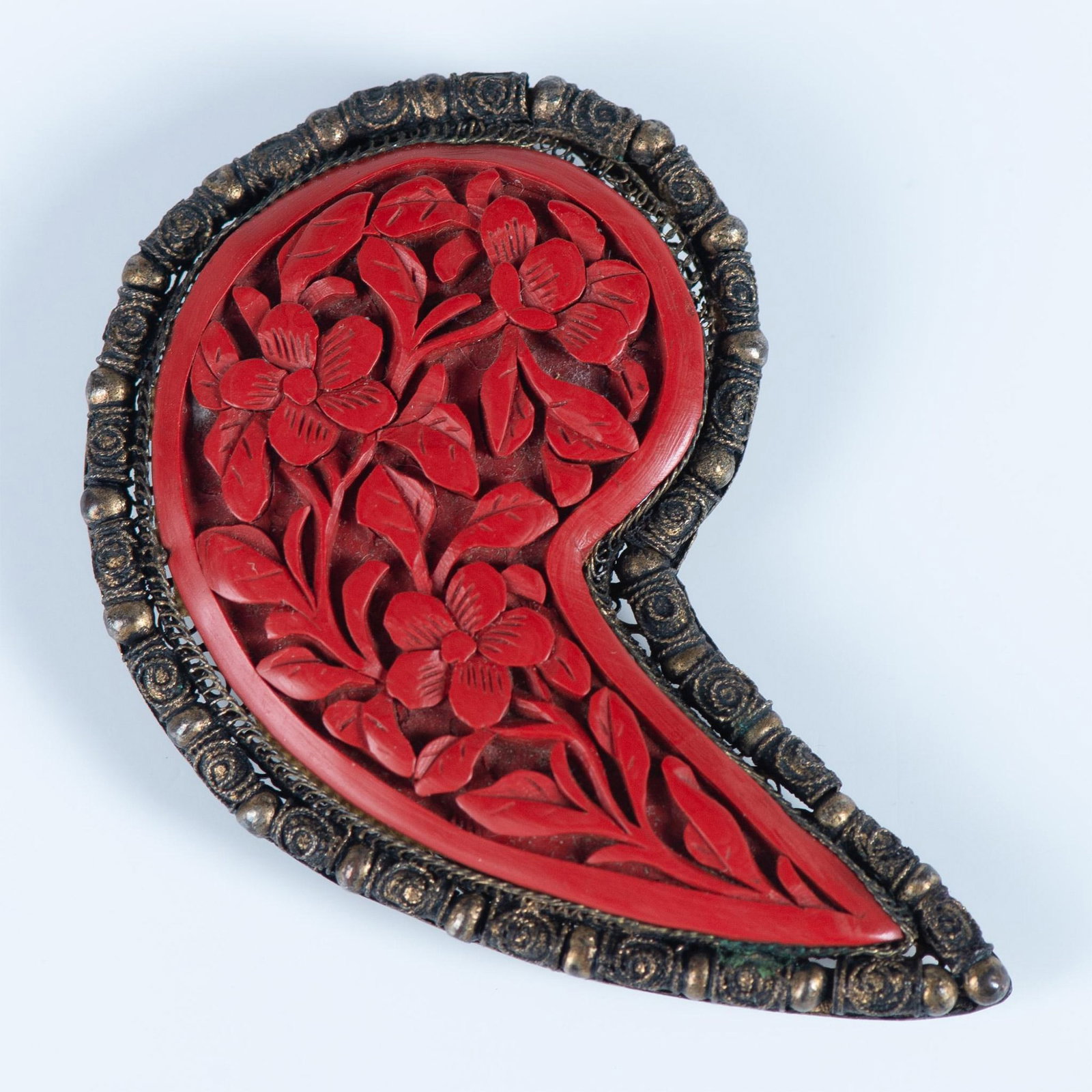 Carved Cinnabar & Brass Dress Clip: This fabulous piece has a beautiful peony design carved into the stone. The brass filigree edge is unique. The back of the clip is as beautiful as the front. It is finely woven brass wire forming a lo