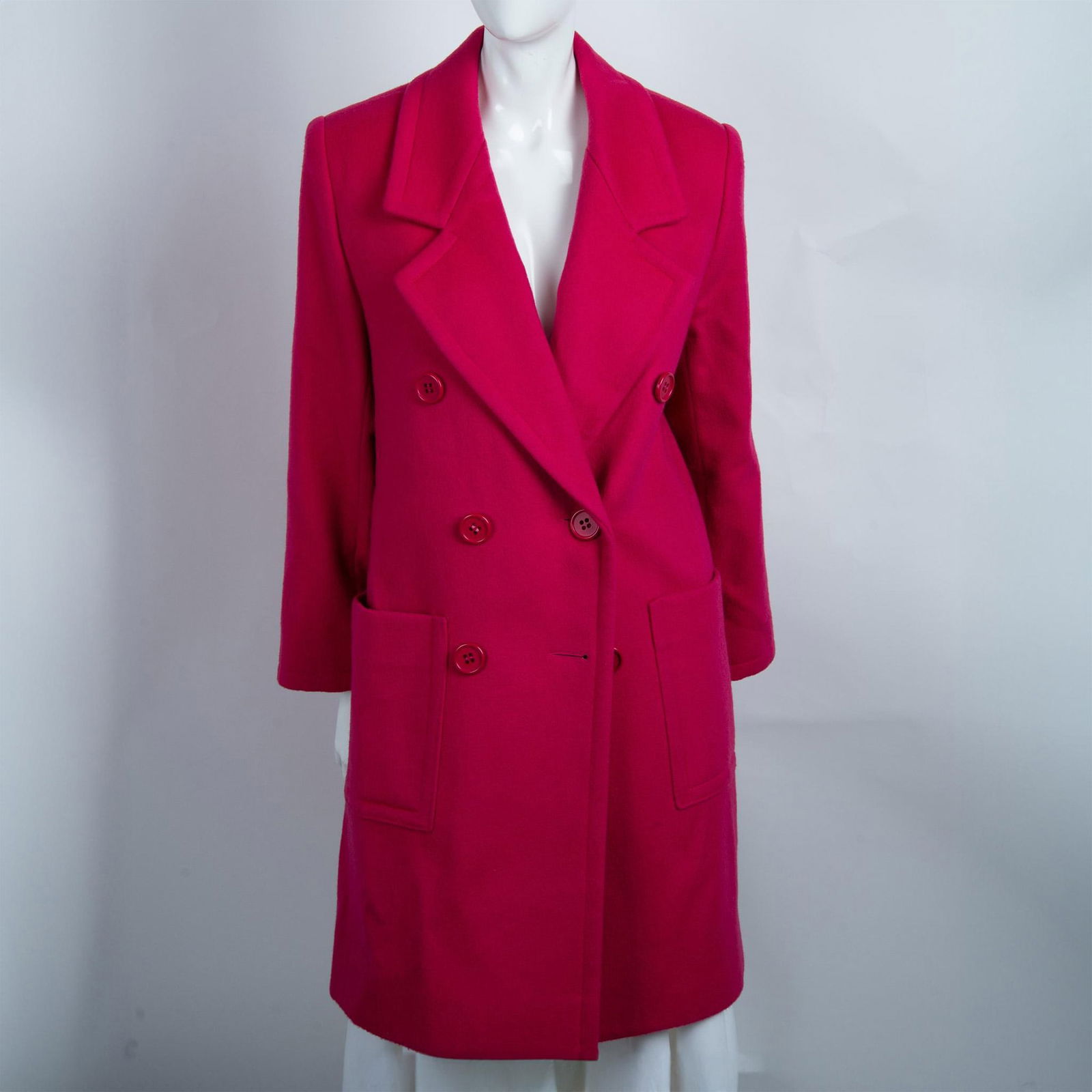Vintage Givenchy Lambswool Fuchsia Coat, Size 6/36: Double breasted lined coat with lapel collar and front pockets. Givenchy tag. Issued: 20th century Manufacturer: Givenchy Country of Origin: France