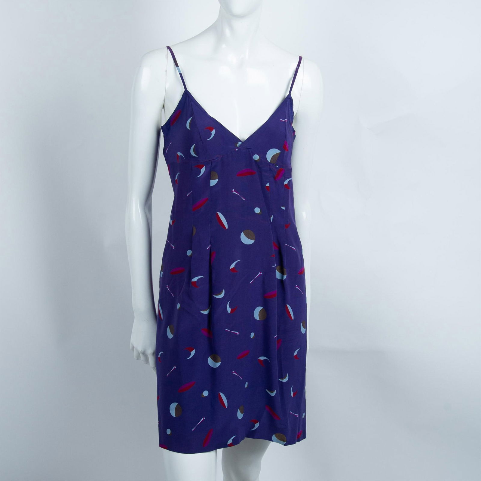 Vintage Chloe Silk Slip Dress, Size 42: Abstract print on 100% silk violet slip dress with slim straps and zippered back. Chloe tag. Issued: 20th century Manufacturer: Chloe' Country of Origin: France