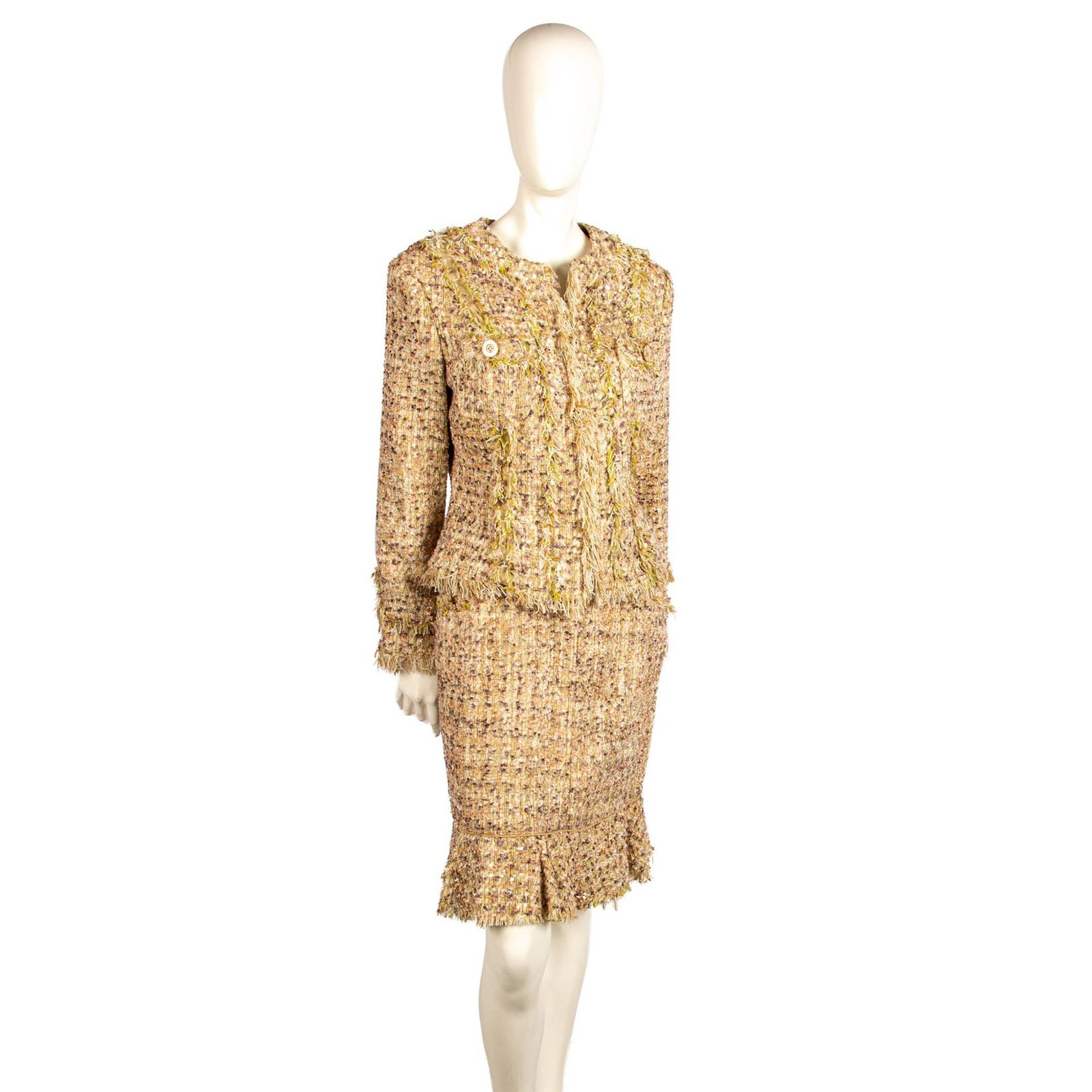 Vintage A.B.S. by Allen Schwartz Tweed Fringe Suit, Size 8: Cream and brown tweed long sleeved jacket enhanced with button and fringe edge, double breast pockets and hook closure. A line skirt with front pockets, zipper closure and ruffled fringe edge. A.B.S. 