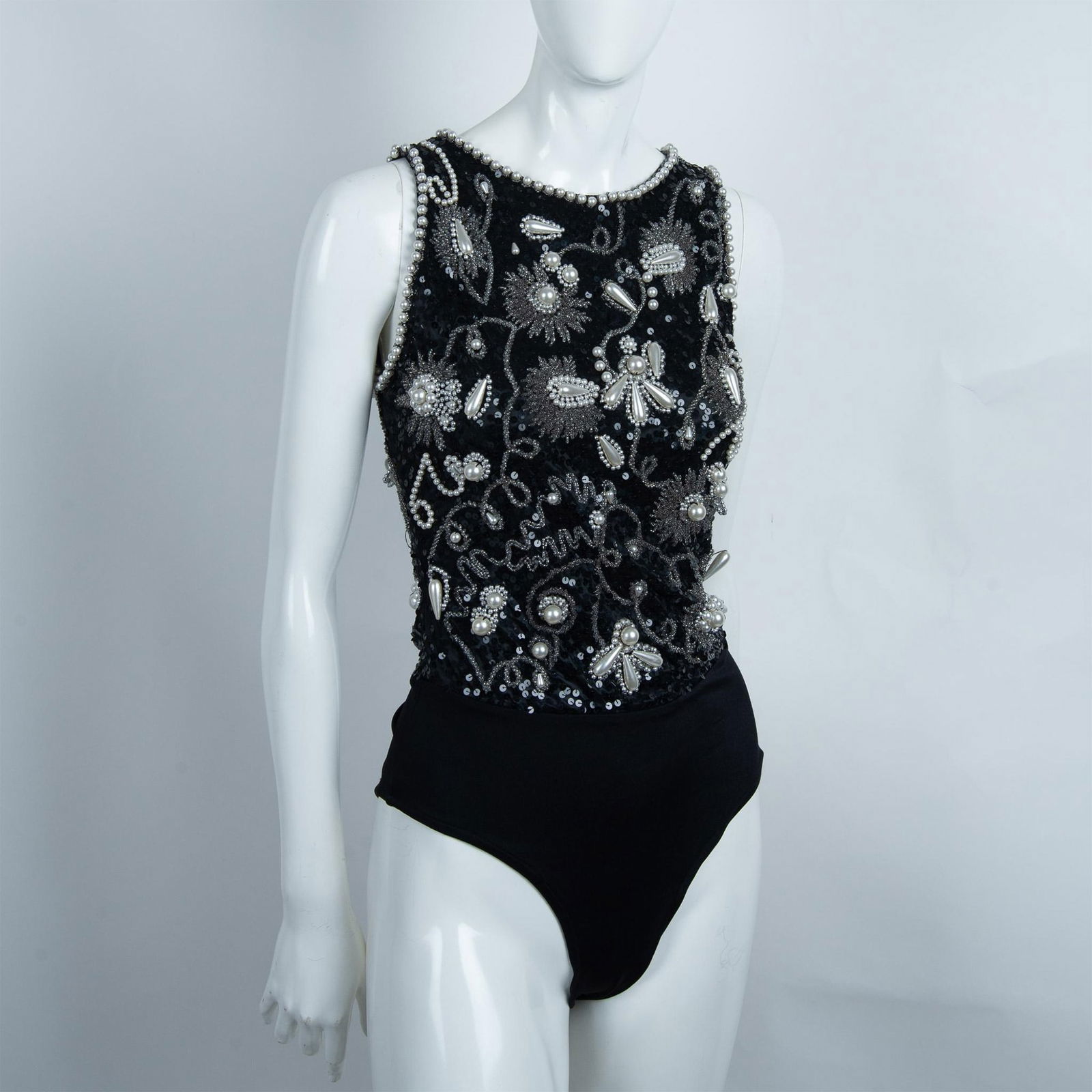 Vintage Oleg Cassini Black Tie Sequined Bodysuit, Size Small (1 of 7)