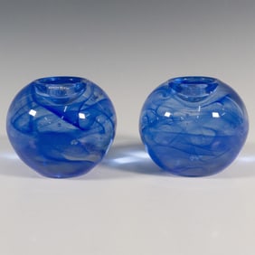 Pair of Kosta Boda Glass Candle Holder, Blue Moon