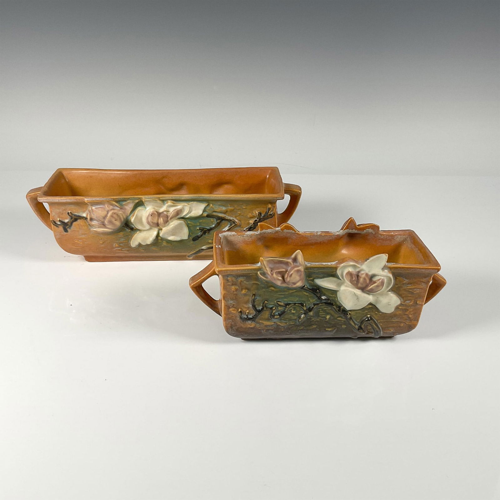 2pc Roseville Pottery, 6" and 8" Brown Magnolia Centerpieces (1 of 3)