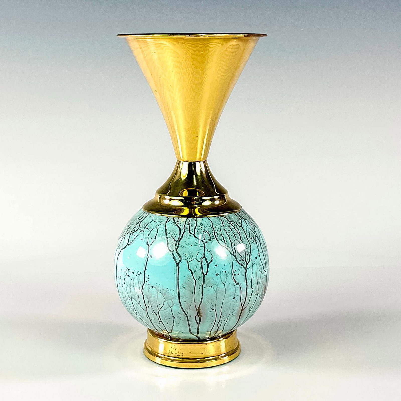 Vintage Fine Brass & Copper Delft Aqua Blue Marbled Vase (1 of 2)
