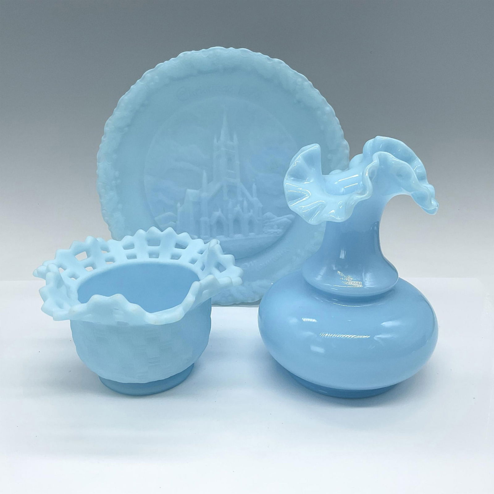 3pc Fenton Blue Glass Dishes (1 of 3)