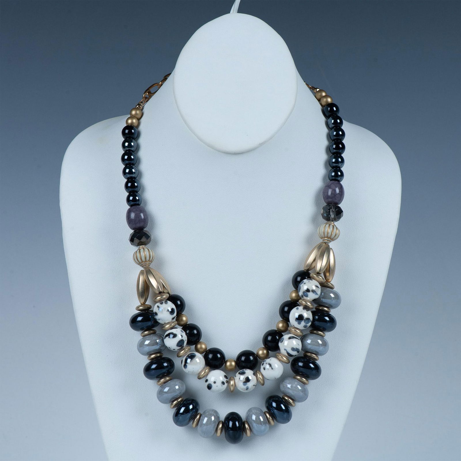 Bold Multi-Strand Blue, White & Gold Bead Necklace (1 of 4)