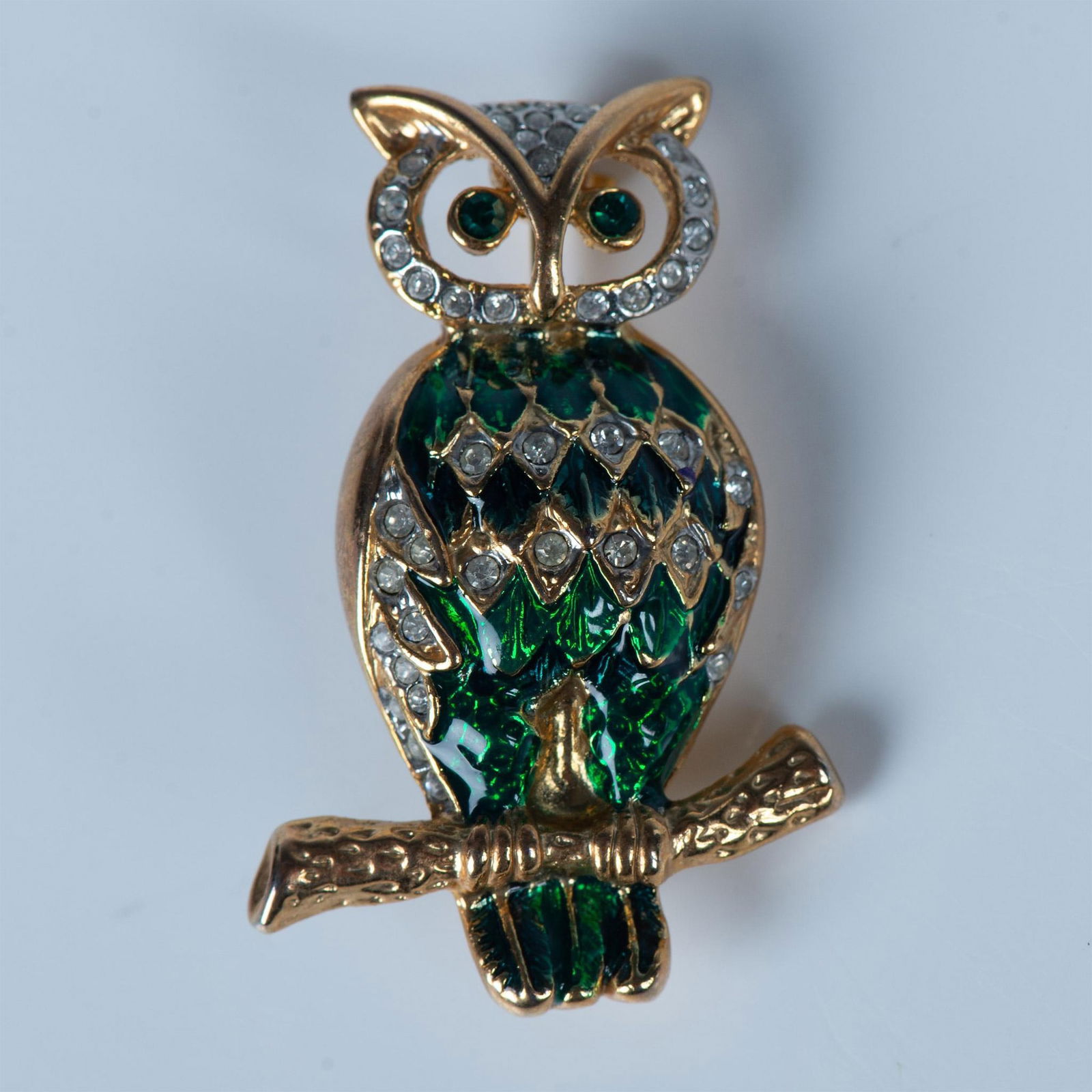 Gold Tone Rhinestone & Enamel Owl Brooch (1 of 4)