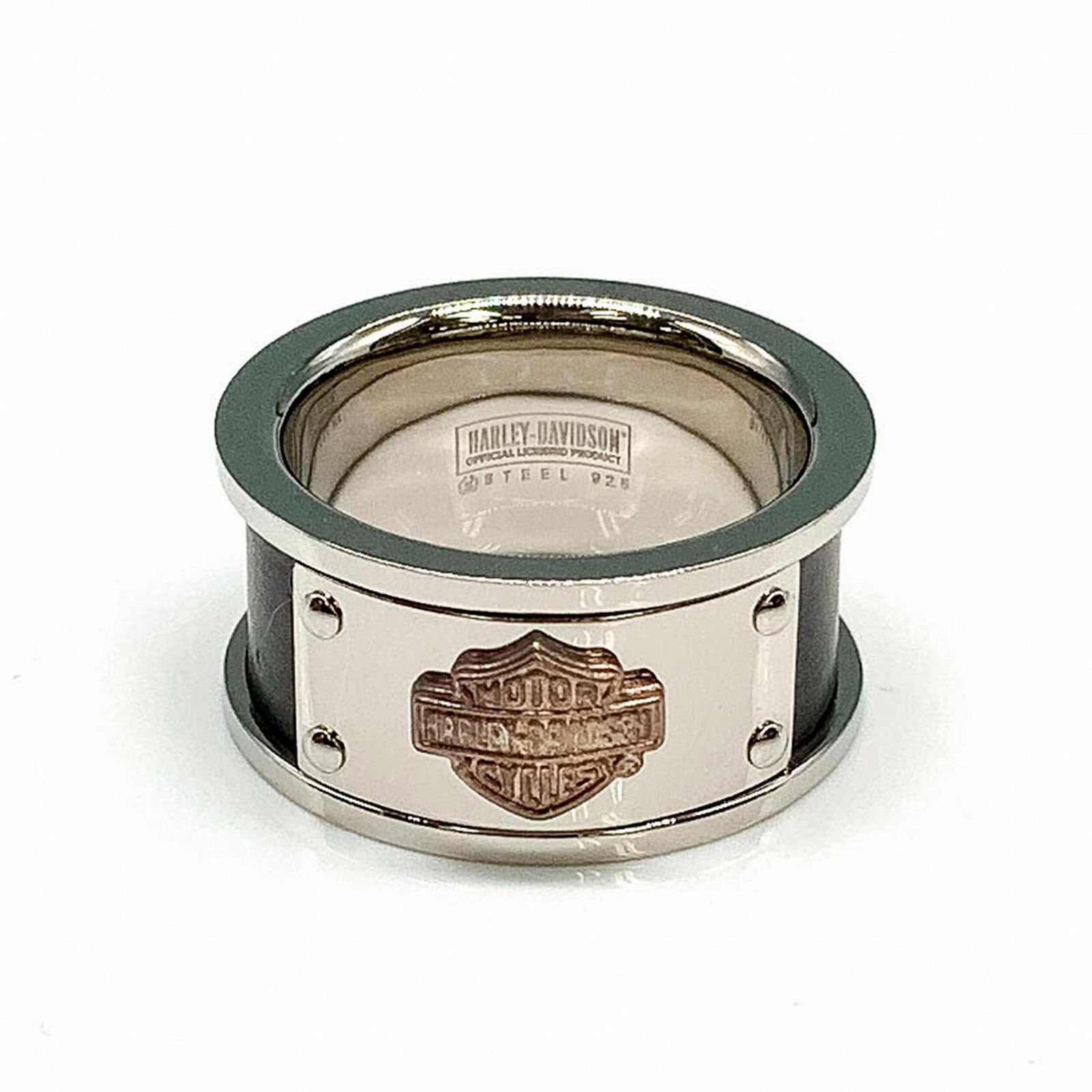 Harley Davidson Steel & Sterling Silver Black Band Ring (1 of 3)