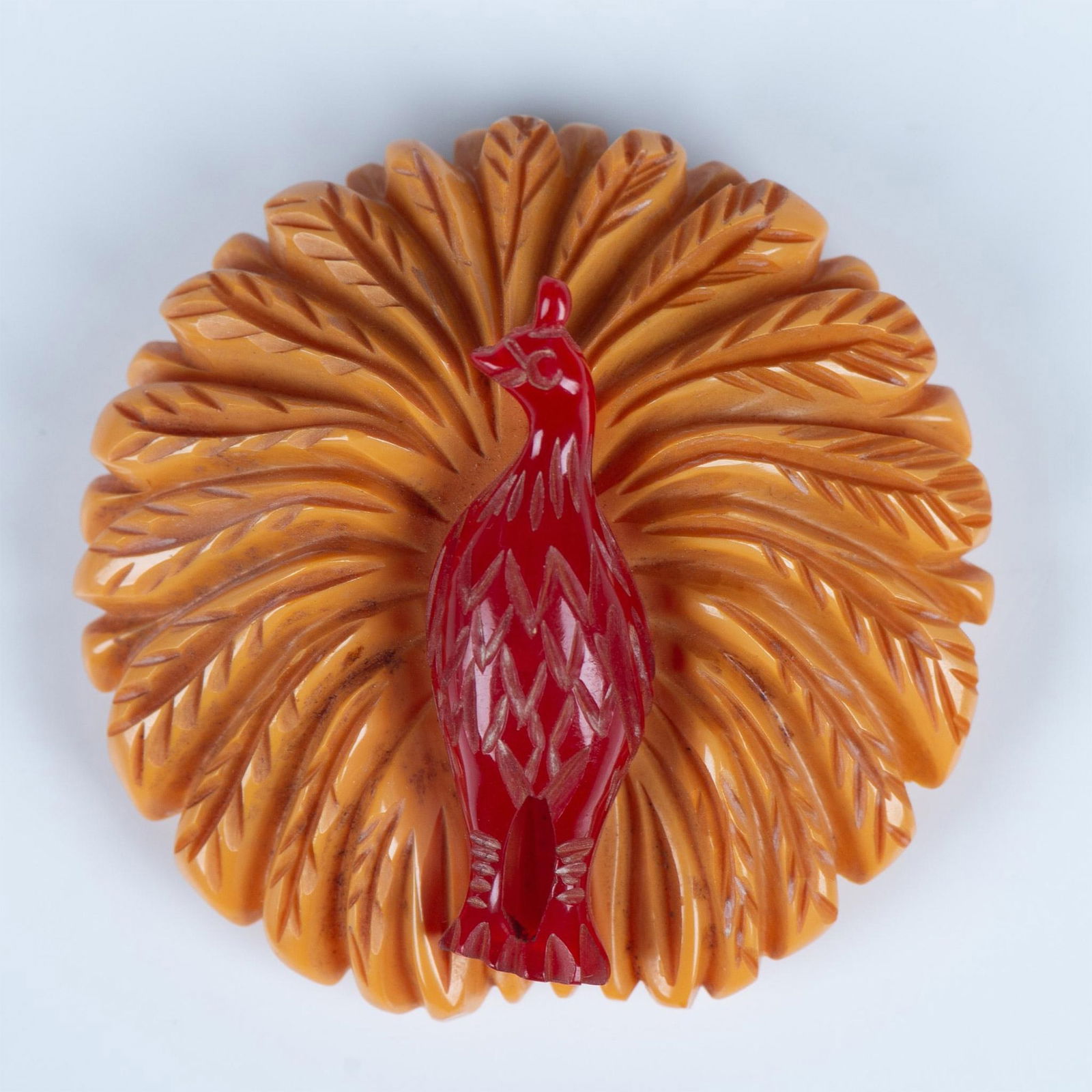 Carved Red & Yellow Bakelite Peacock Dress Scarf Clip (1 of 3)