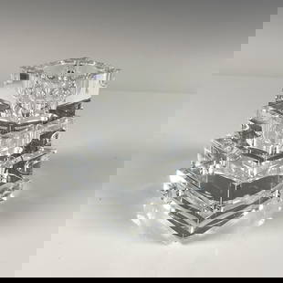 Set of 4 Orrefors Crystal Candleholder, Totem Majestic: Elegant thick clear crystal that result in a unique square candle holder when combined. Designed by Karim Rashid. Each with the Orrefors etched backstamp. Includes certificate and the original box, di