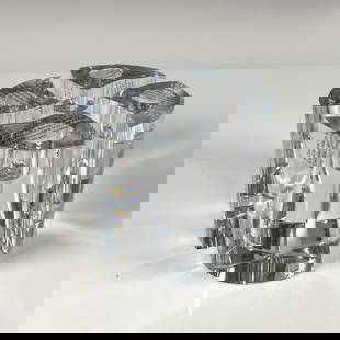 Set of 4 Orrefors Candleholders, Klone Cylinder: Clear thick crystal set. Designed by Karim Rashid, features four identical free standing shapes cluster forming a cylinder. Orrefors etched backstamp. Includes the original box sealed, never opened, d