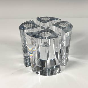 Set of 4 Orrefors Candleholders, Klone Cylinder: Clear thick crystal set. Designed by Karim Rashid, features four identical free standing shapes cluster forming a cylinder. Orrefors etched backstamp. Includes the original box sealed, never opened,