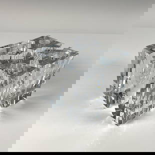 Set of 4 Orrefors Candleholders, Klone Square: Clear thick crystal set. Designed by Karim Rashid, features four identical free standing shapes cluster forming an square. Orrefors etched backstamp. Includes the original box, dimensions: 4.25''L x 5
