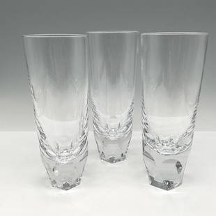 3pc Orrefors Crystal Highball Glass, Carat: Clear crystal line to cut crystal base with teardrop octagon base design. Orrefors acid and sticker mark. This item has its original box: 8"L x 3.75"W x 3.75"H. Artist: Lena Bergstrom Issued: 21st cen