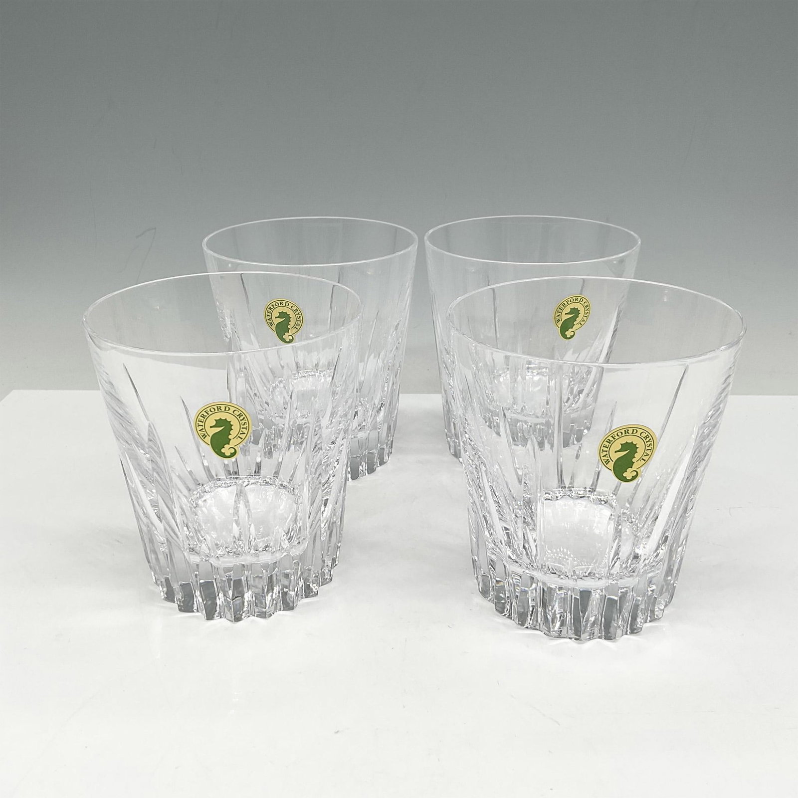 Waterford Crystal Tumblers, Southbridge Set of 4: Clear crystal with spear cuts and clear bottom. Waterford acid and sticker mark. This item has its original box: 9"L x 9"W x 5"H. Issued: 21st century Dimensions: 4"H x 3.5" dia. Manufacturer: Waterfo