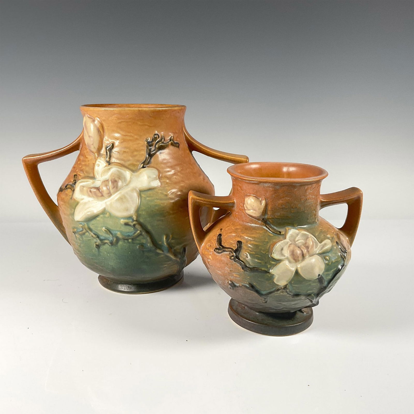 2pc Roseville Pottery, Brown Magnolia Vases 91 and 180 (1 of 3)