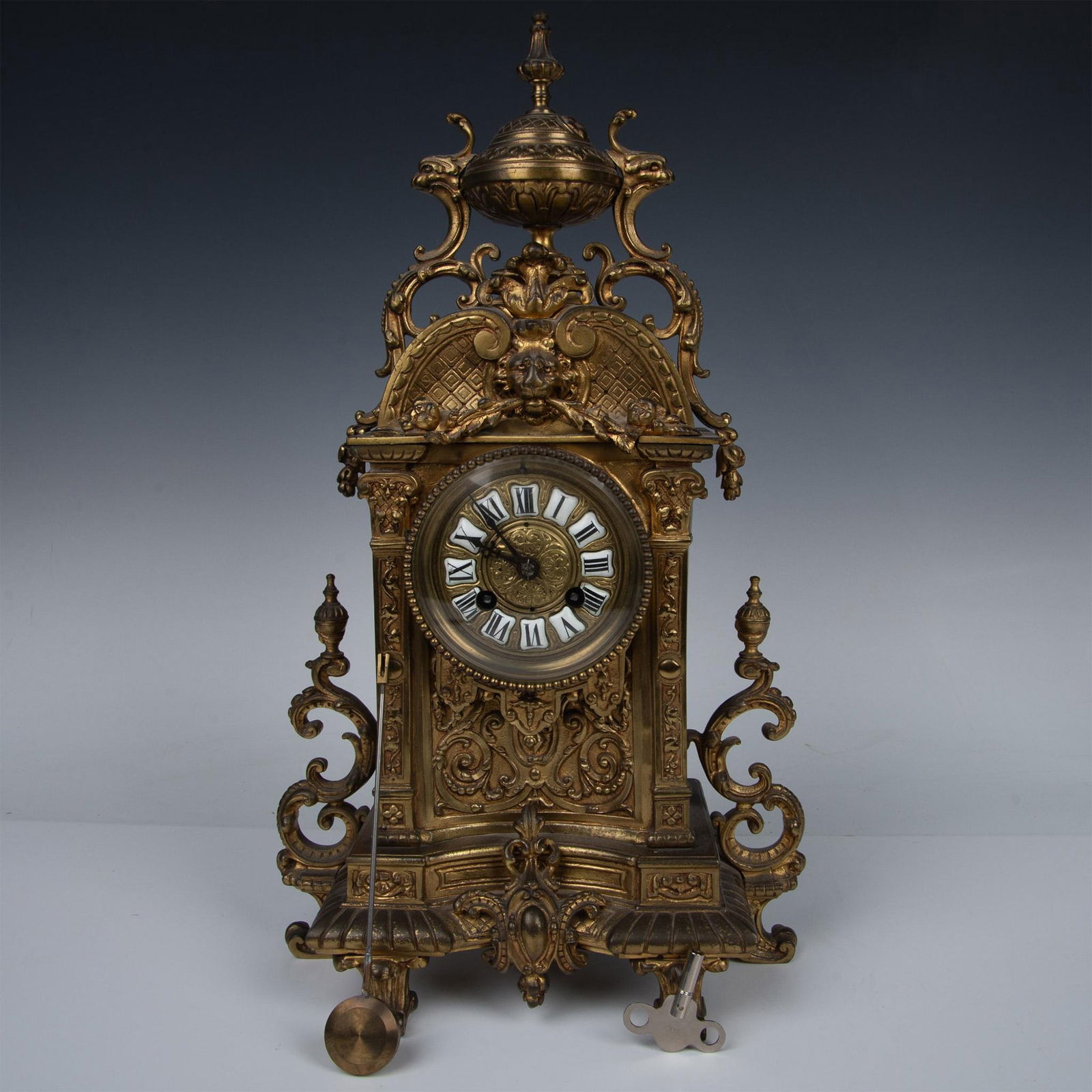 Elaborate Antique French Ormolu Brass Mantle Clock, Lion Face Motif (1 of 10)