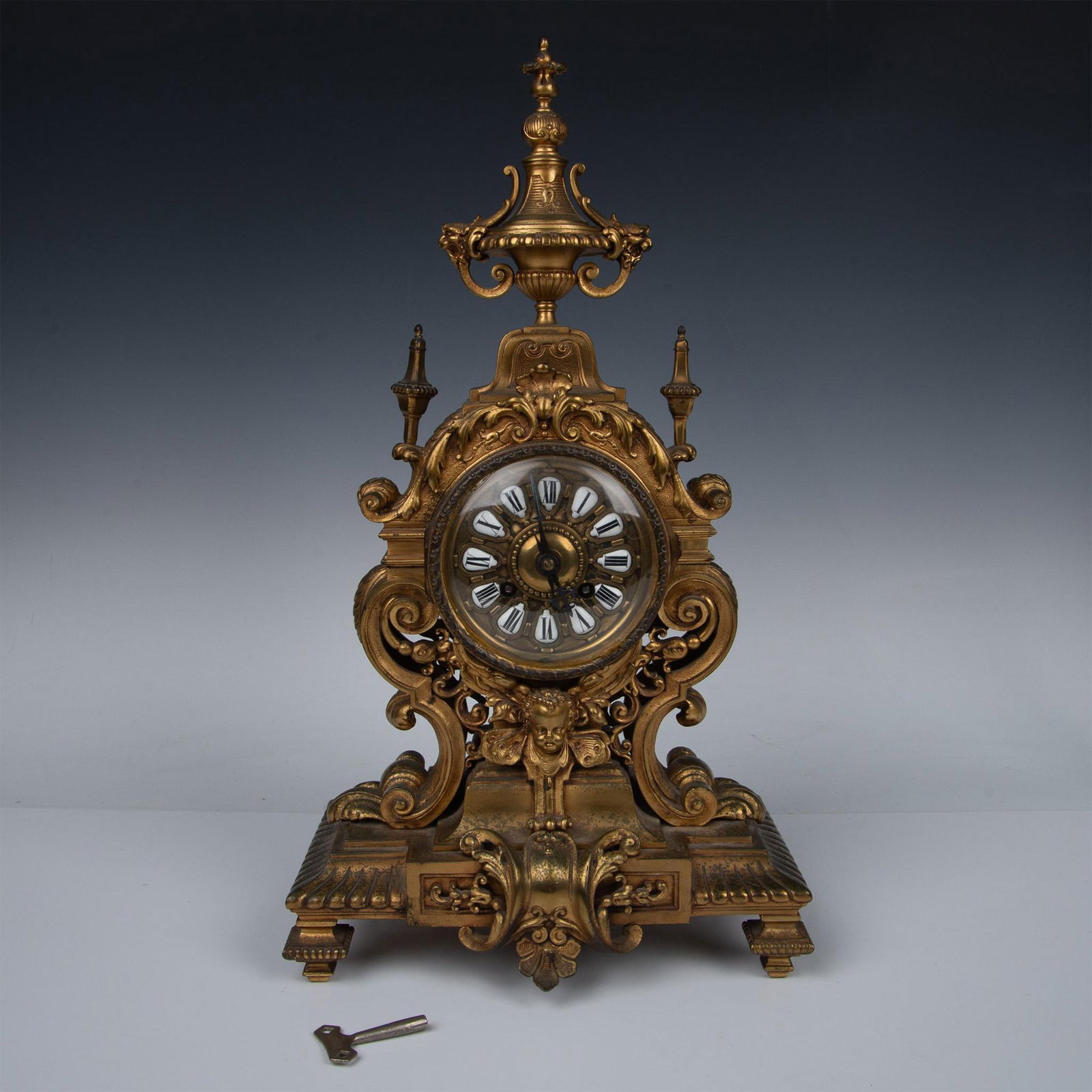 Elaborate Antique French Ormolu Brass Mantle Clock, Cherub Face Motif (1 of 9)