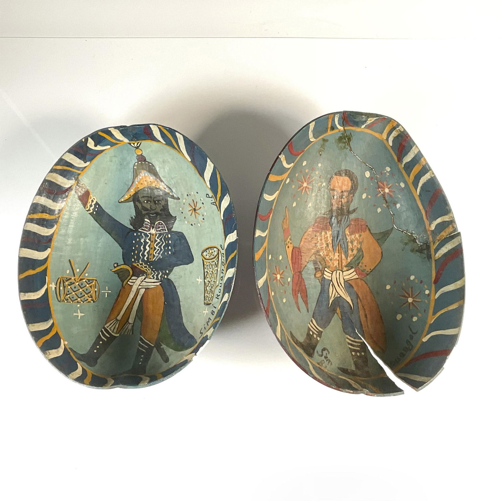 Andre Pierre (Attr.) 2pc Hand-Painted Haitian Simbi Voodoo Calabash Husk Shells, Signed (1 of 3)