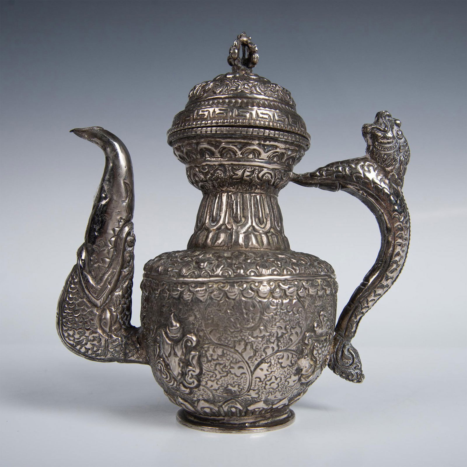 Chinese Tibetan Silver Relief Carved Teapot (1 of 8)