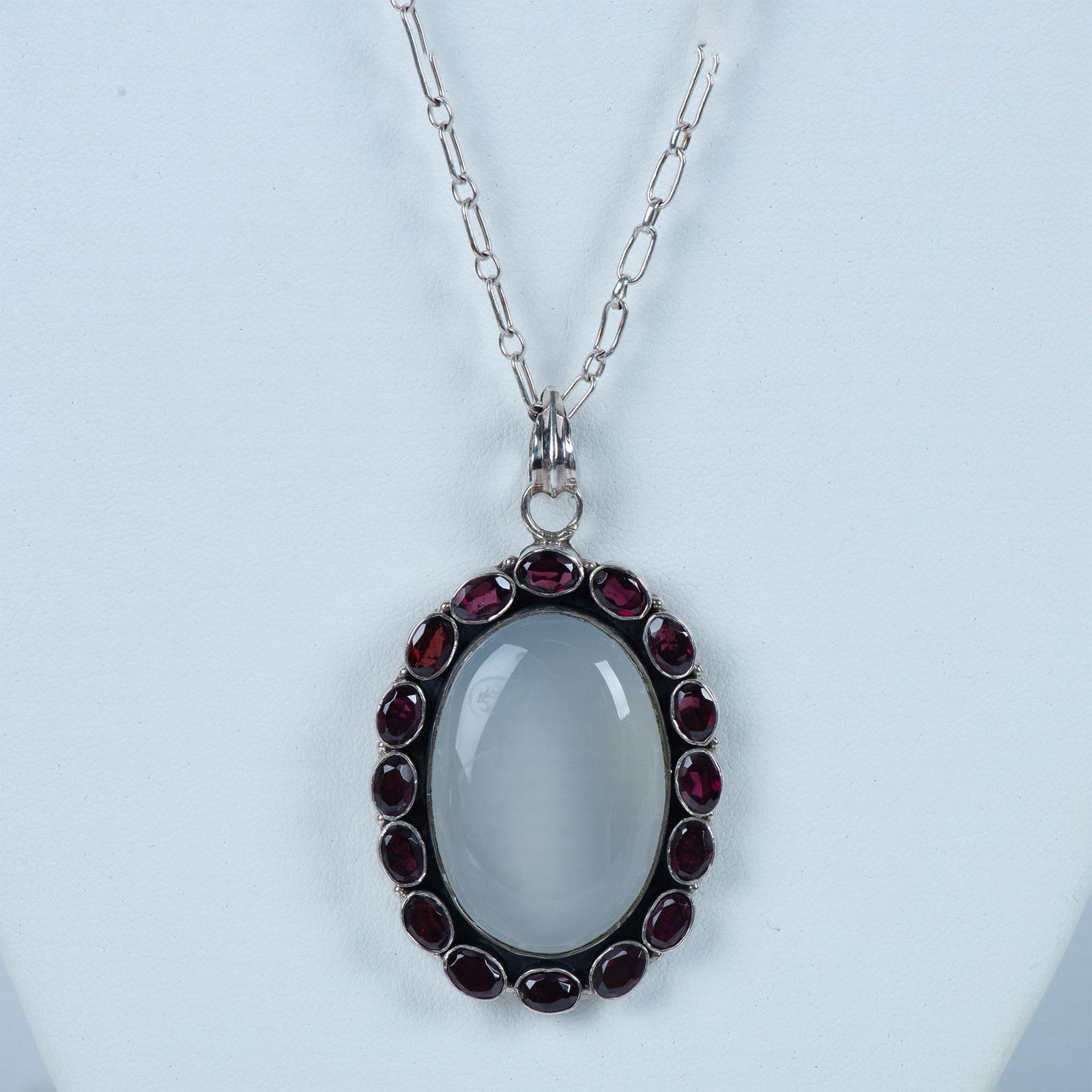 Vintage Sterling Silver, Moonstone & Garnet Pendant Necklace (1 of 7)