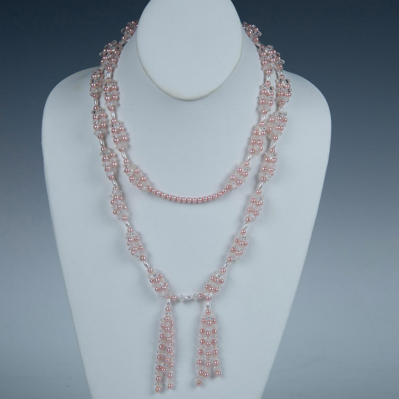 Cute Long Pink & White Faux Pearl Beaded Tassel Necklace (1 of 3)