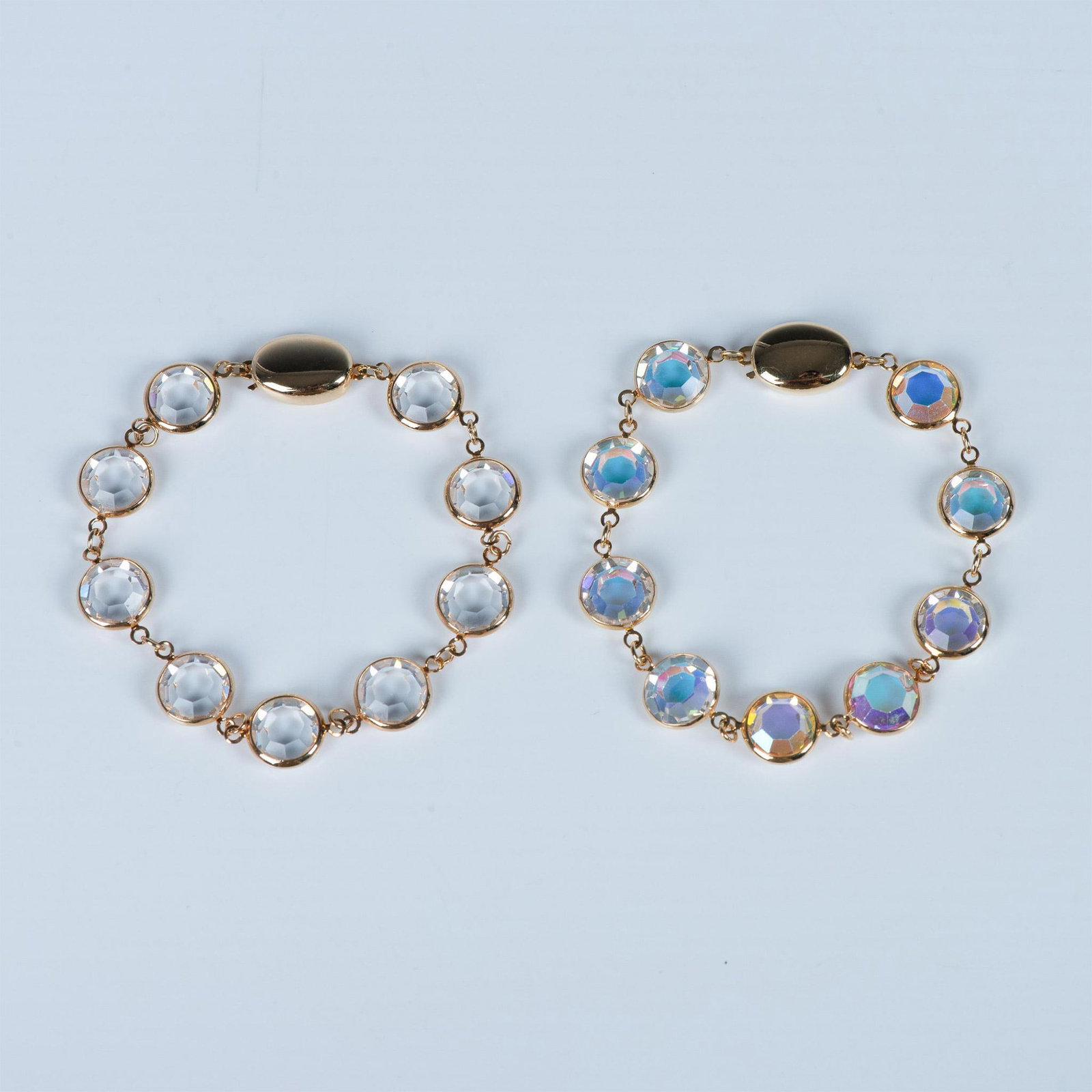 2p Vintage Swarovski SAL Clear & Iridescent Crystal Bracelet: Both bracelets have fishhook clasps stamped S.A.L. Dimensions: 7.5"L Country of Origin: Austria Manufacturer: Swarovski