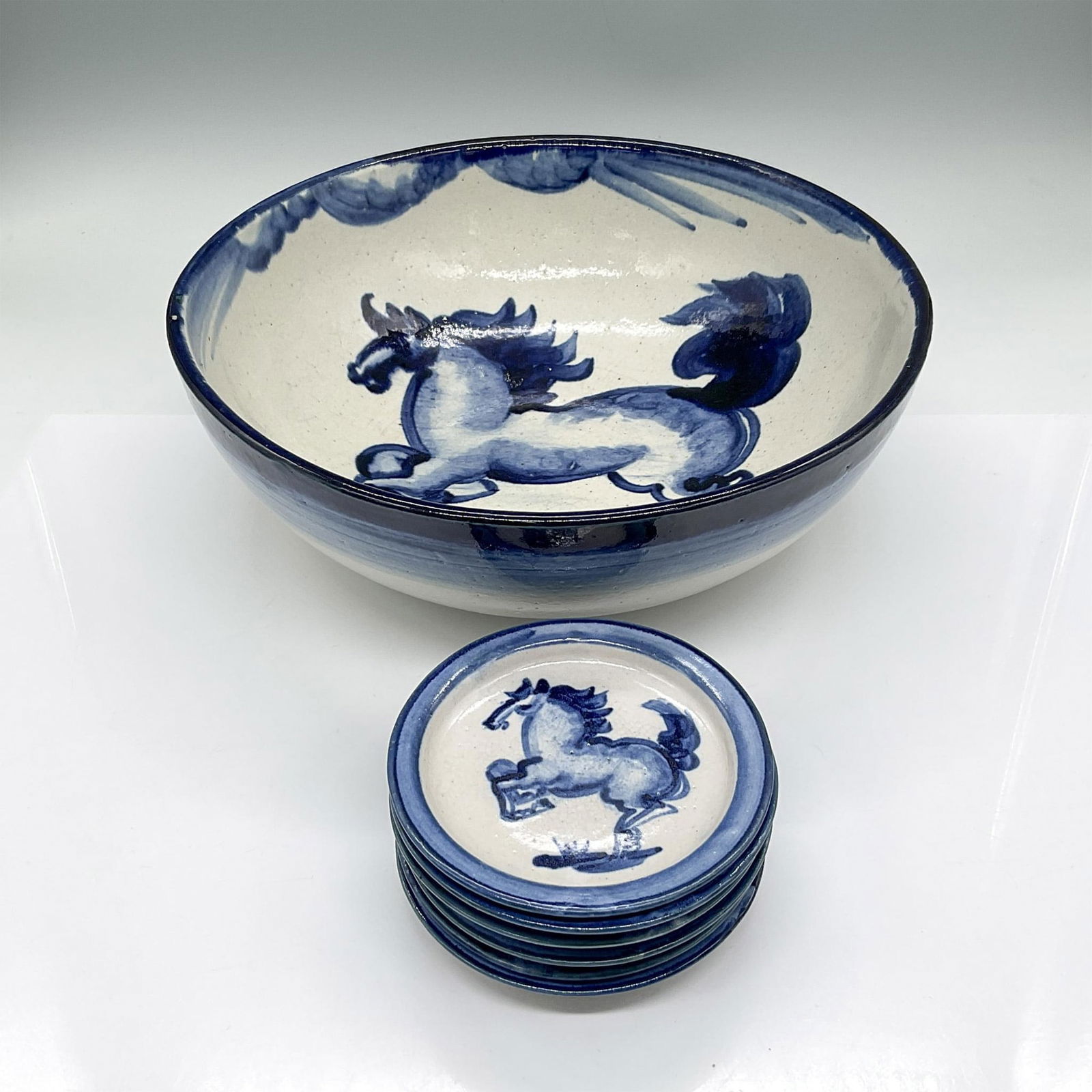 7pc Hadley Blue and White Large Bowl + Tiny Plates, Horses (1 of 8)