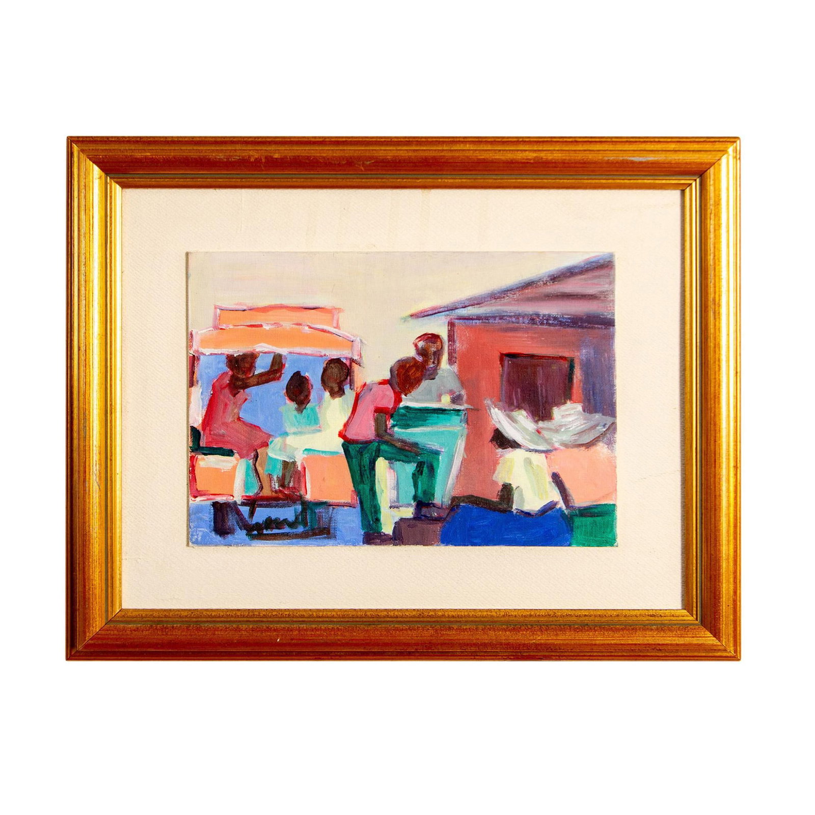 Abstracted Island Figural Scene, Original Painting, Signed: Abstracted sketch of interacting figures in an island setting made with acrylic colors on board. Housed on a linen matting in a gilded wood frame. Signature lower left. Sight size: 12”L x 9&rdqu