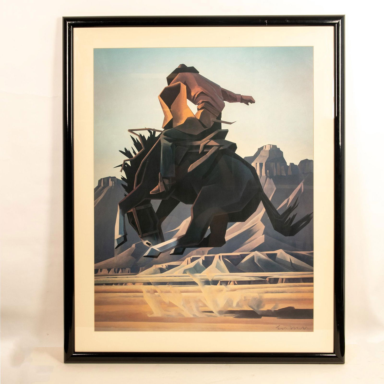 Ed Mell, Western Art Large Color Print on Paper, Cowboy: Large color print on paper of a cowboy riding a rearing buck by American Southwest artist Ed Mell who used earth tones with jagged edges resulting in the dynamic composition of a man taming a wild ani