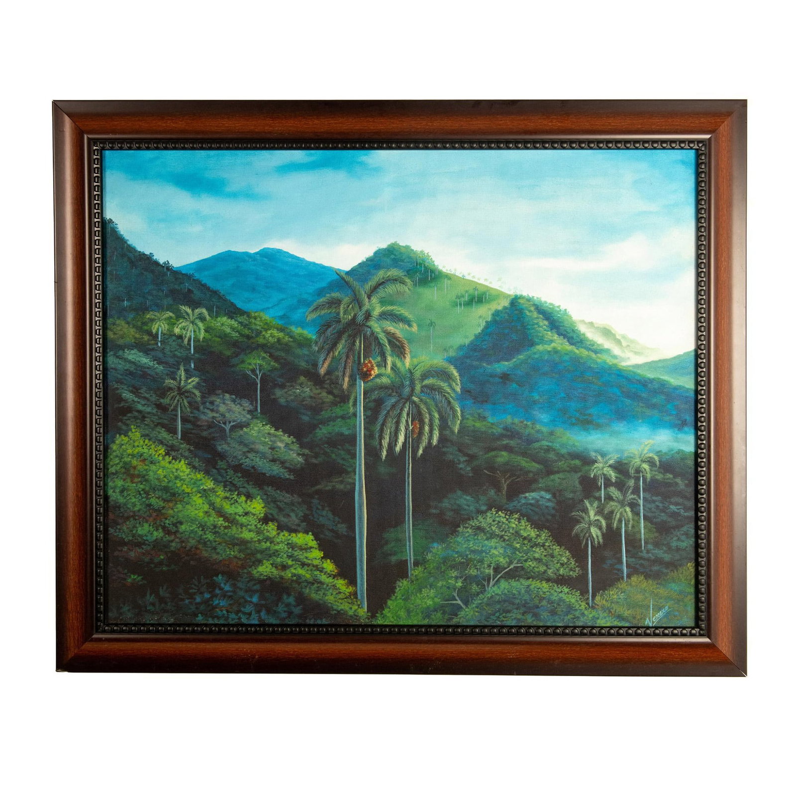 Original Oil on Canvas, Haitian Landscape, Signed: Beautifully painted original oil on canvas by Haitian artist Venero who has depicted a panoramic view of blue-green mountains amidst palm trees and luscious tropical vegetation painted with atmospheri