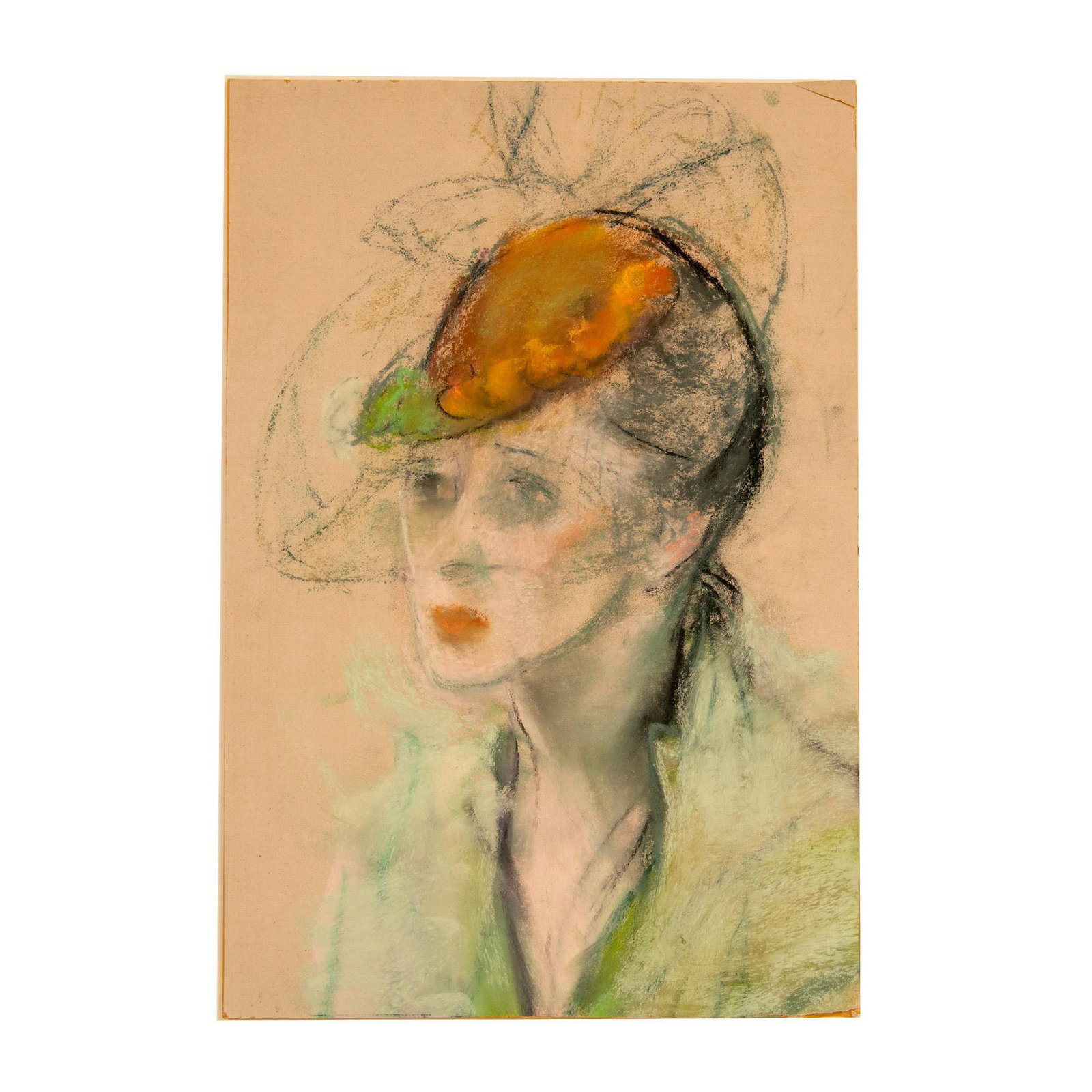 Original Pastel Drawing on Rugged Board, Portrait: Original pastel drawing on rugged board of a pensive female sitter whose face is partially covered by the veil of her soft orange color hat. Issued: c. 1940 Dimensions: 12.50"L x 18.50"H Country of Or