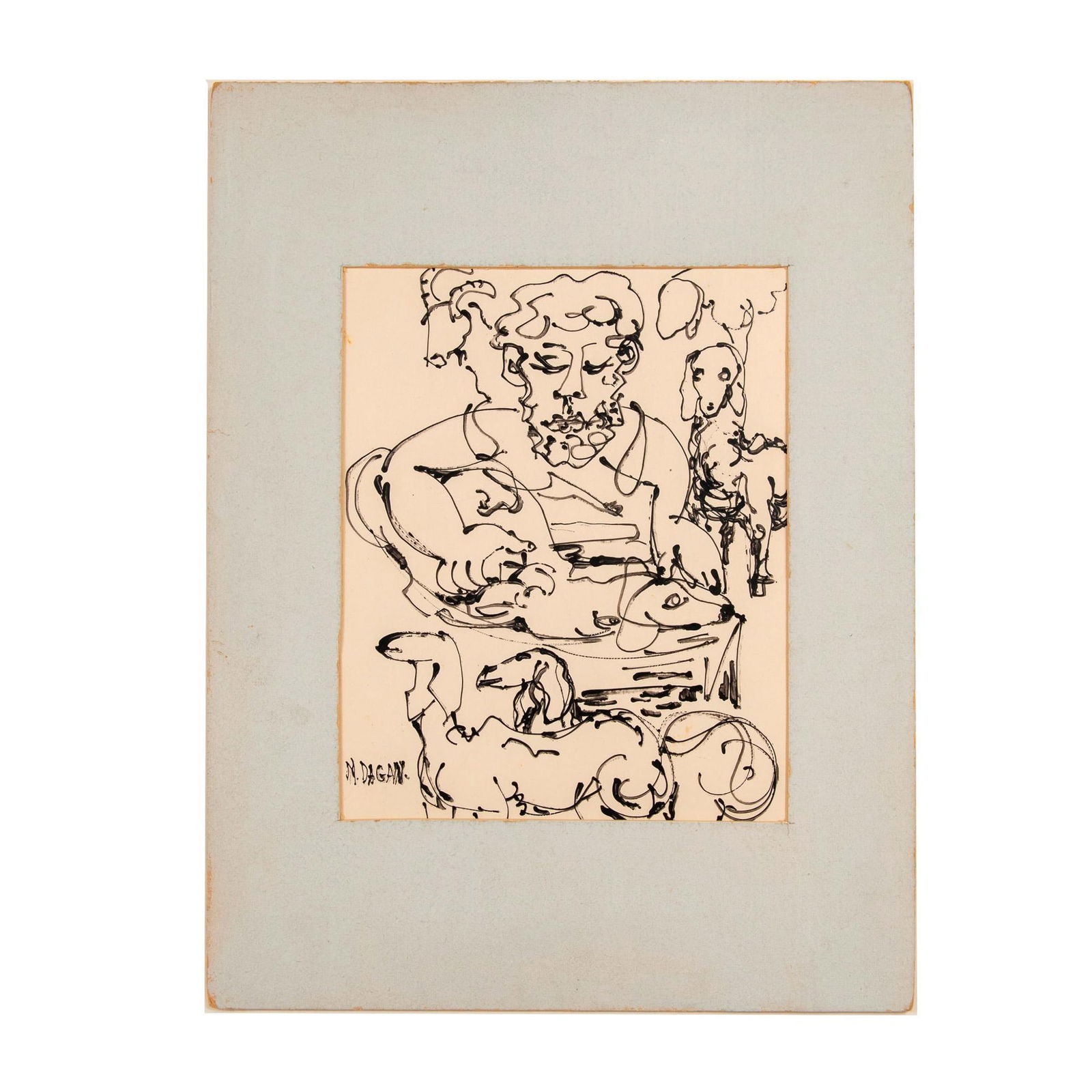 Dagan, Original Ink Drawing on Paper, Shepherd, Signed: Original Expressionist ink drawing on thick paper that depicts a shepherd shearing a flock of sheep. Signed on lower left: N. Dagan (?) On verso, it includes a crossed out sketch of a man shearing a s