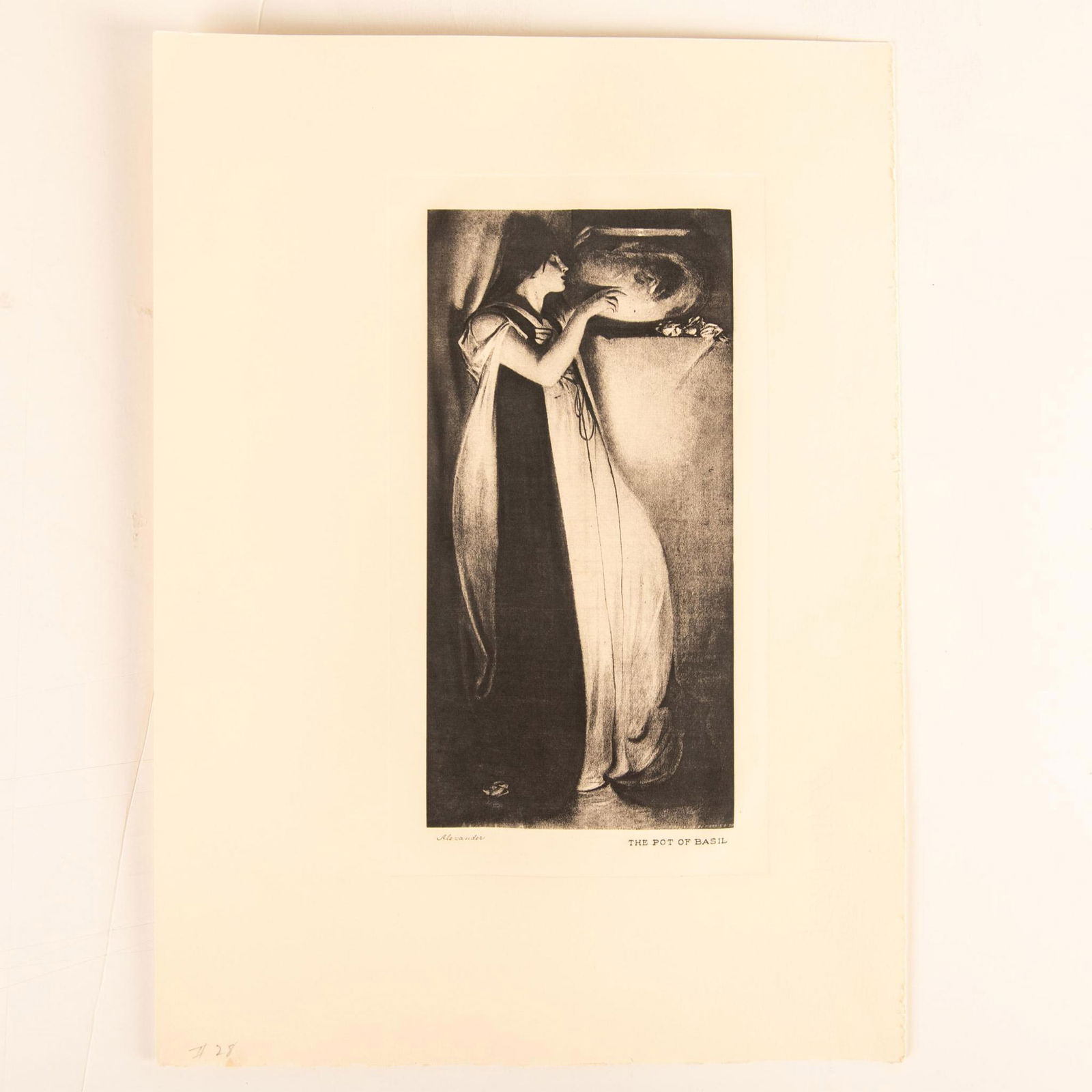 J. W. Alexander, Antique Art Nouveau Engraving on Paper: Beautiful original antique Art Nouveau engraving after American Symbolist artist John White Alexander's original 1897 oil painting Isabella or The Pot of Basil. Signature below plate on lower left: Al