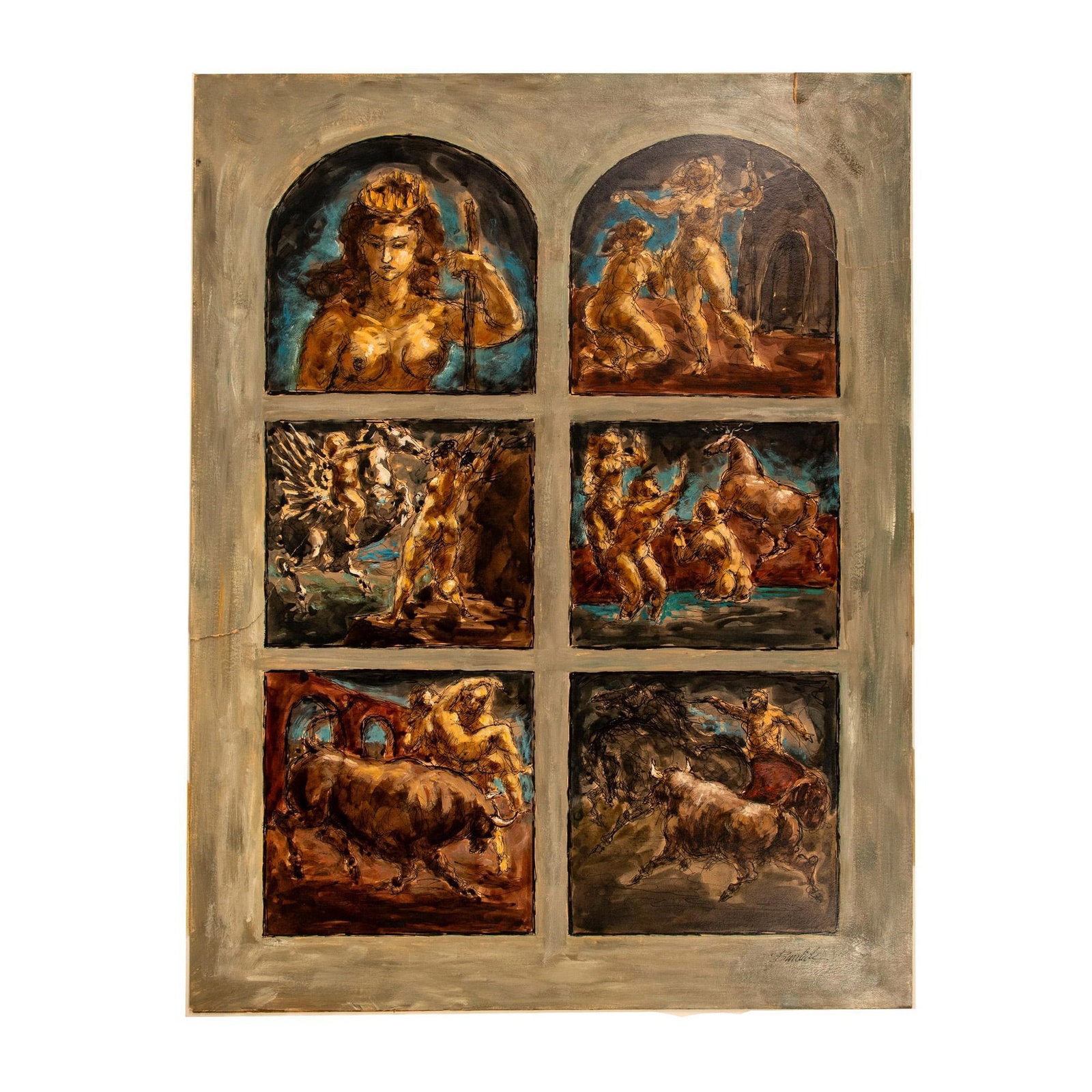 Charles Burdick, Original Ink & Watercolor on Board, Signed: Outstanding original ink, watercolor and gouache artwork on paperboard that American painter Charles Burdick divided in lunettes with Greco-Roman mythological episodes. Made with a brown-rust, indigo 