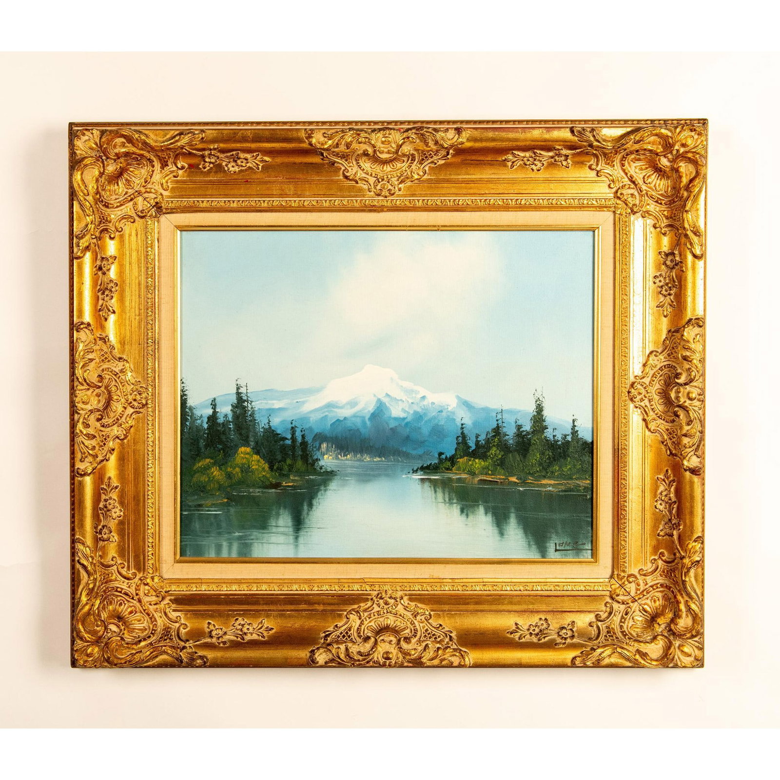 Long, Original Oil on Canvas, Mountain Landscape, Signed: Original oil on canvas of a winter landscape where a central mountain is covered with snow and tall pine trees border a lake. Long used a range of cool blues, hunter greens, and warm yellows to convey