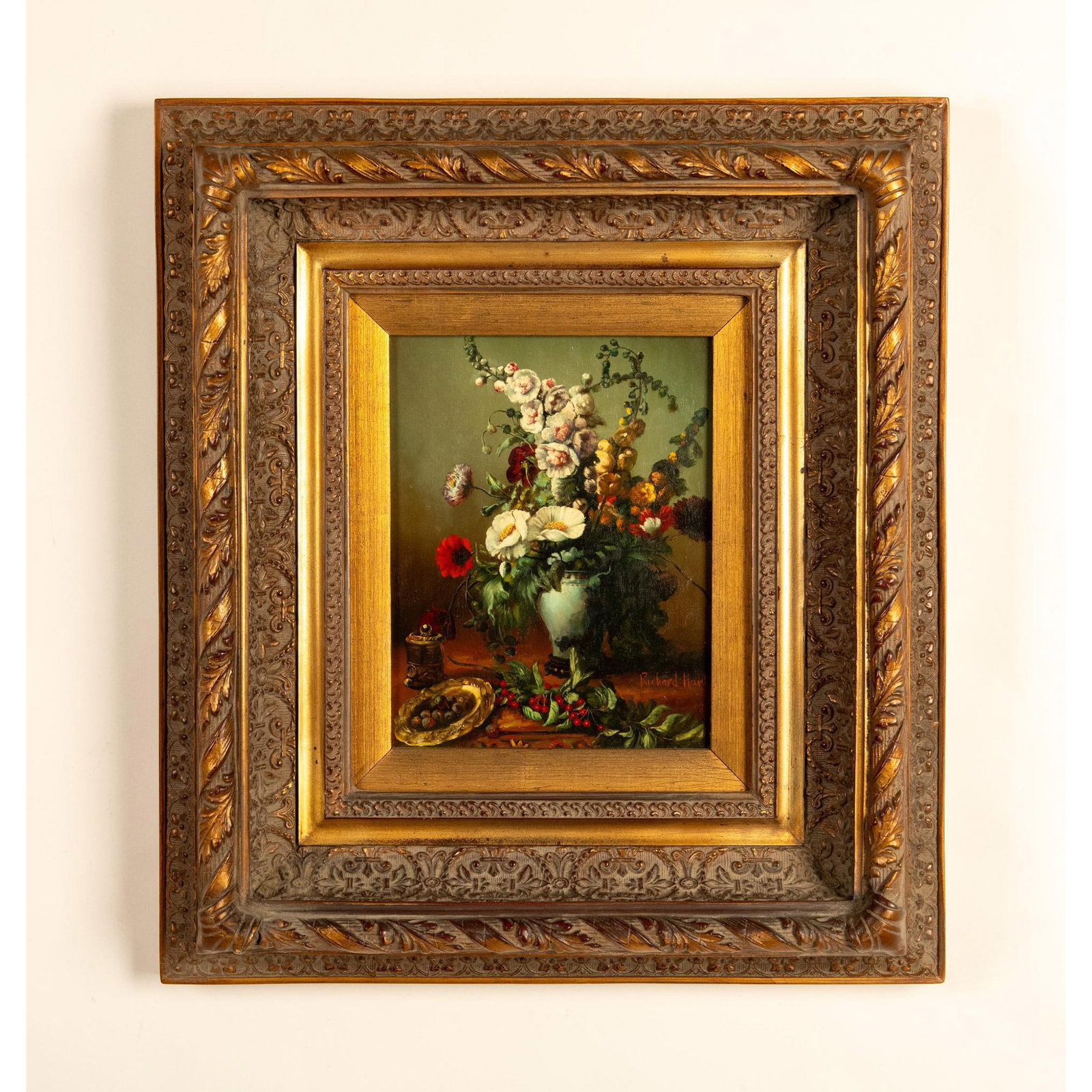 Richard Hart, Original Oil on Wood, Still Life, Signed: This original oil on board by artist Richard Hart depicts a splendid arrangement of vibrant flowers in a blue-green vase and precious objects set on a table. Painted with a Miniaturist approach and ma