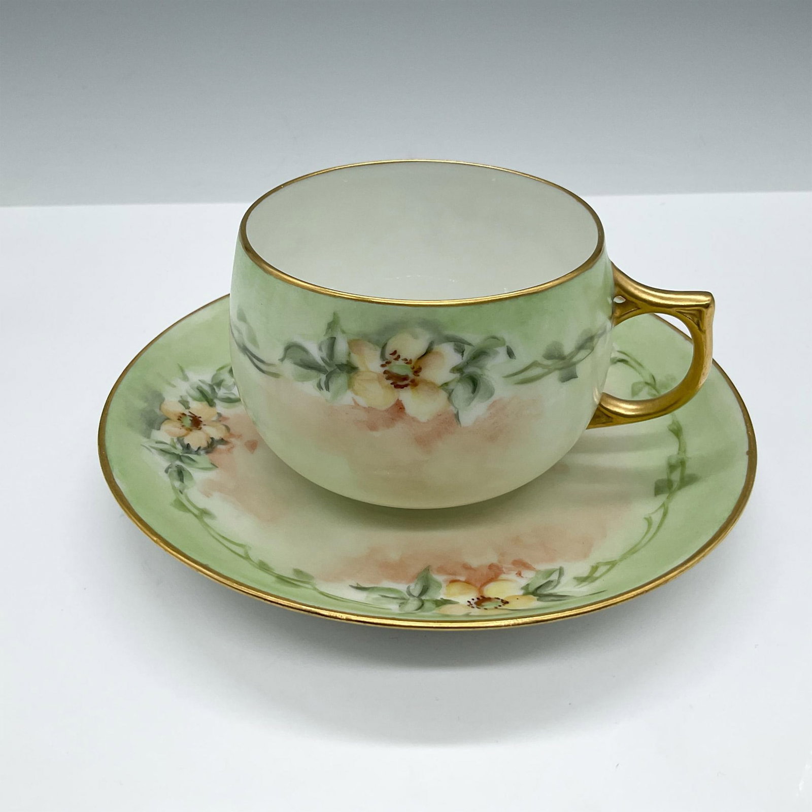 Bavaria Bone China Tea Cup and Saucer, Green Floral: Beautiful fine Bone China set, features an adorable rounded cup with its matching saucer, both adorned in a delicate hand painted green and peach floral design, adorned with gold accents on the rim an