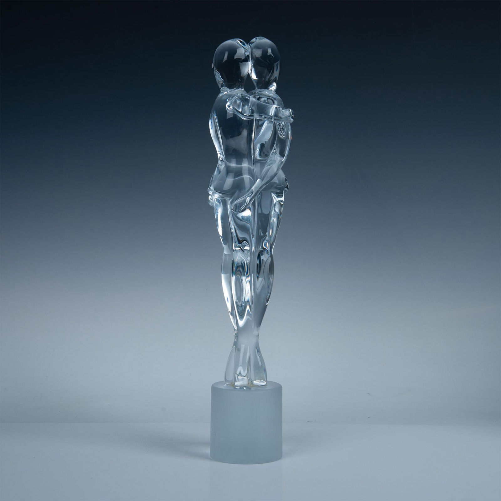 Murano Glass Sculpture by Renato Anatra, Two Lovers: Sculpture by Murano artist Renato Anatra (Italian, b.1943) depicts lovers in an embrace. Clear glass with a frosted base. Artist signed. Artist: Renato Anatra Issued: 20th c. Dimensions: 4"L x 3.25"W