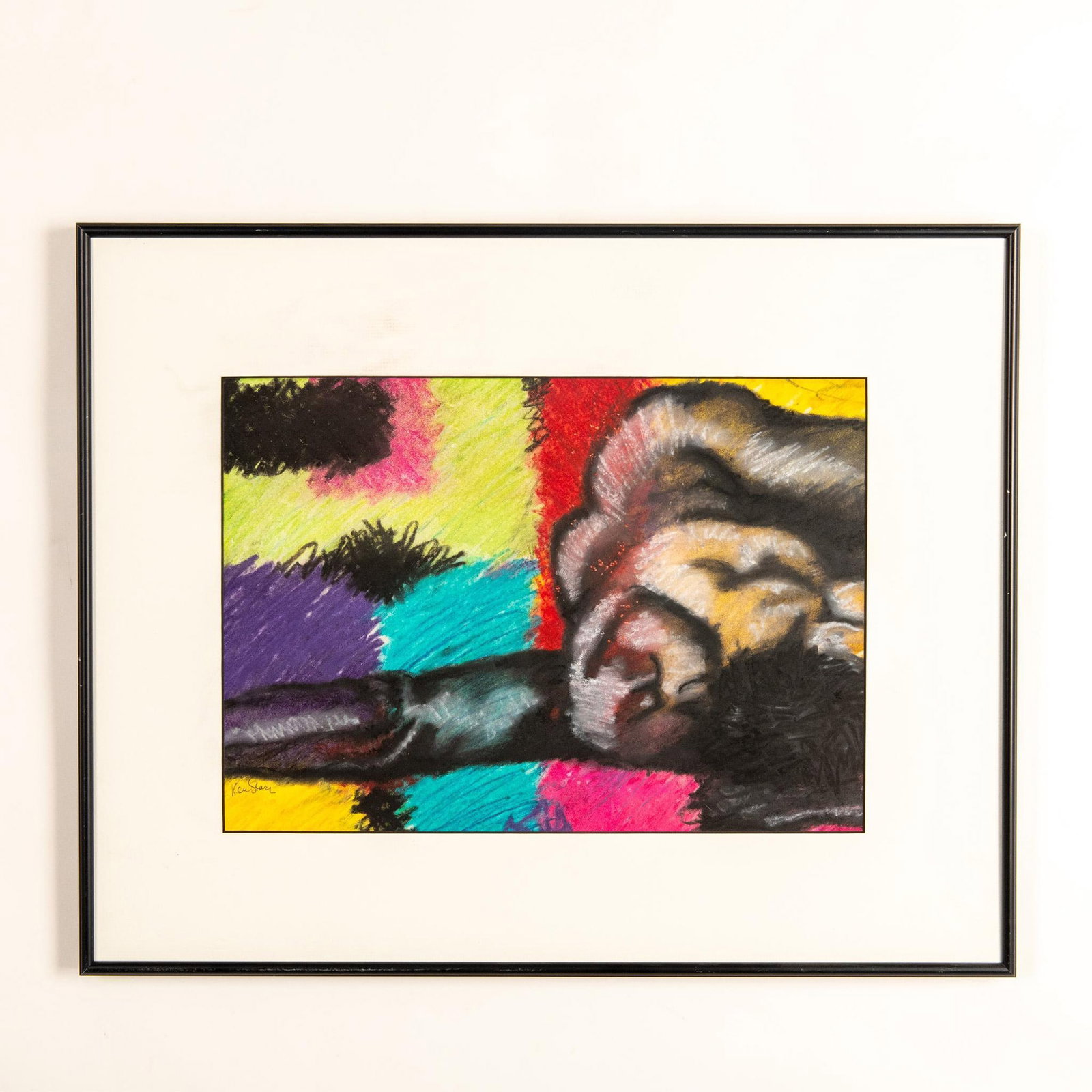 Original Wax Pastel on Paper, Nude Male, Signed: This wax pastel on paper is an original color drawing of a supine Male Nude seen from the back who lays on a patchwork of bold apple green, scarlet red and fuchsia, warm yellow, turquoise and purple c
