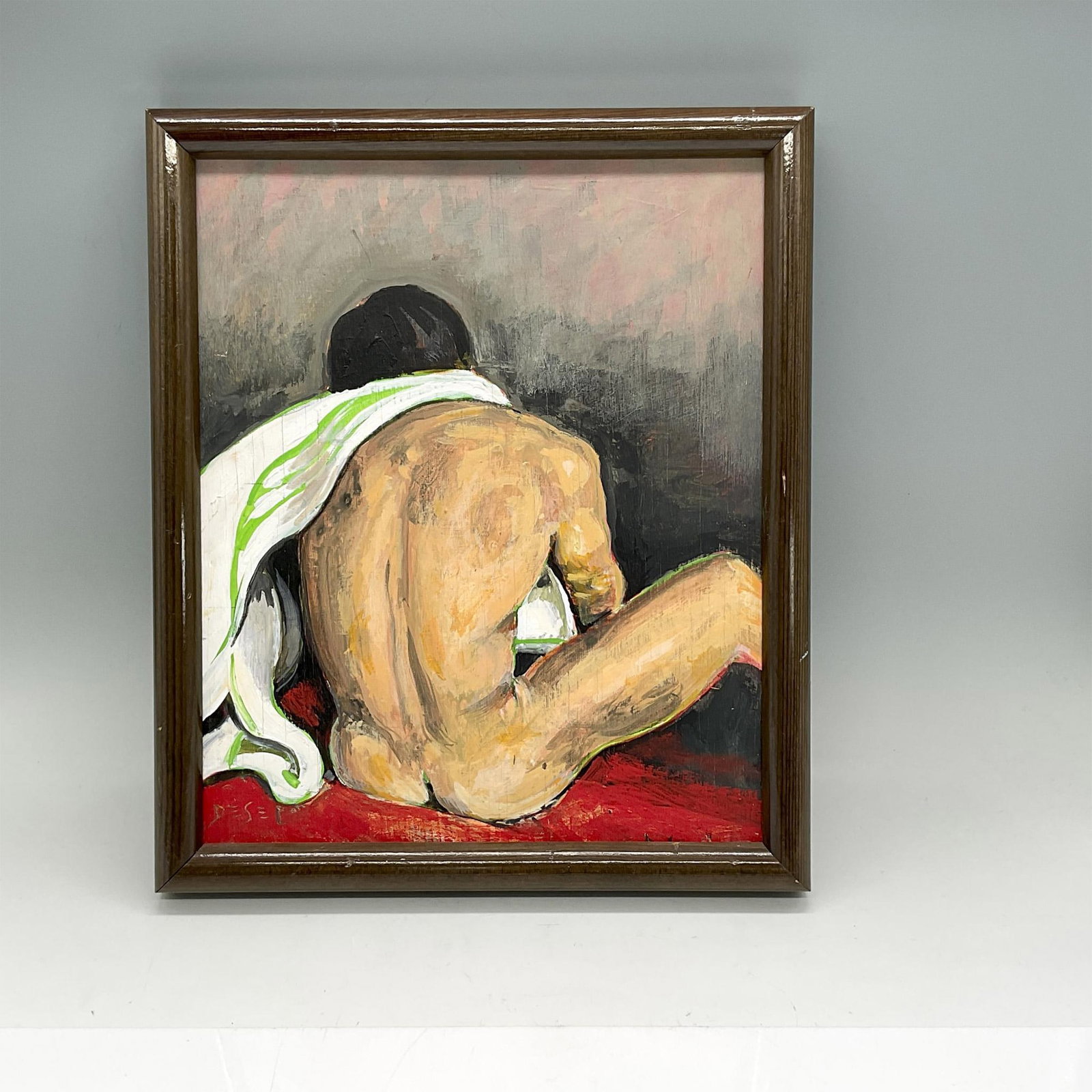 Walter Desel (American, 1920-2006), Gentleman Grooming: Oil on wood painting of the back of a nude man with a white and green towel around his neck. In a brown wood frame. Signed in the lower left corner. Sight dimensions: 11.25"H x 9"W. Frame size: 13"H x