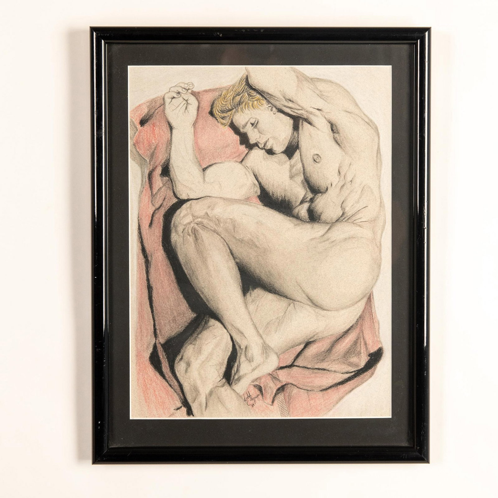 Original Drawing on Paper, Recumbent Nude Male, Signed: Homoerotic drawing made with graphite and wax pastels on paper. It depicts a recumbent muscular male nude seen from above who lays asleep on a pink blanket. Signature and date on lower center: illegib