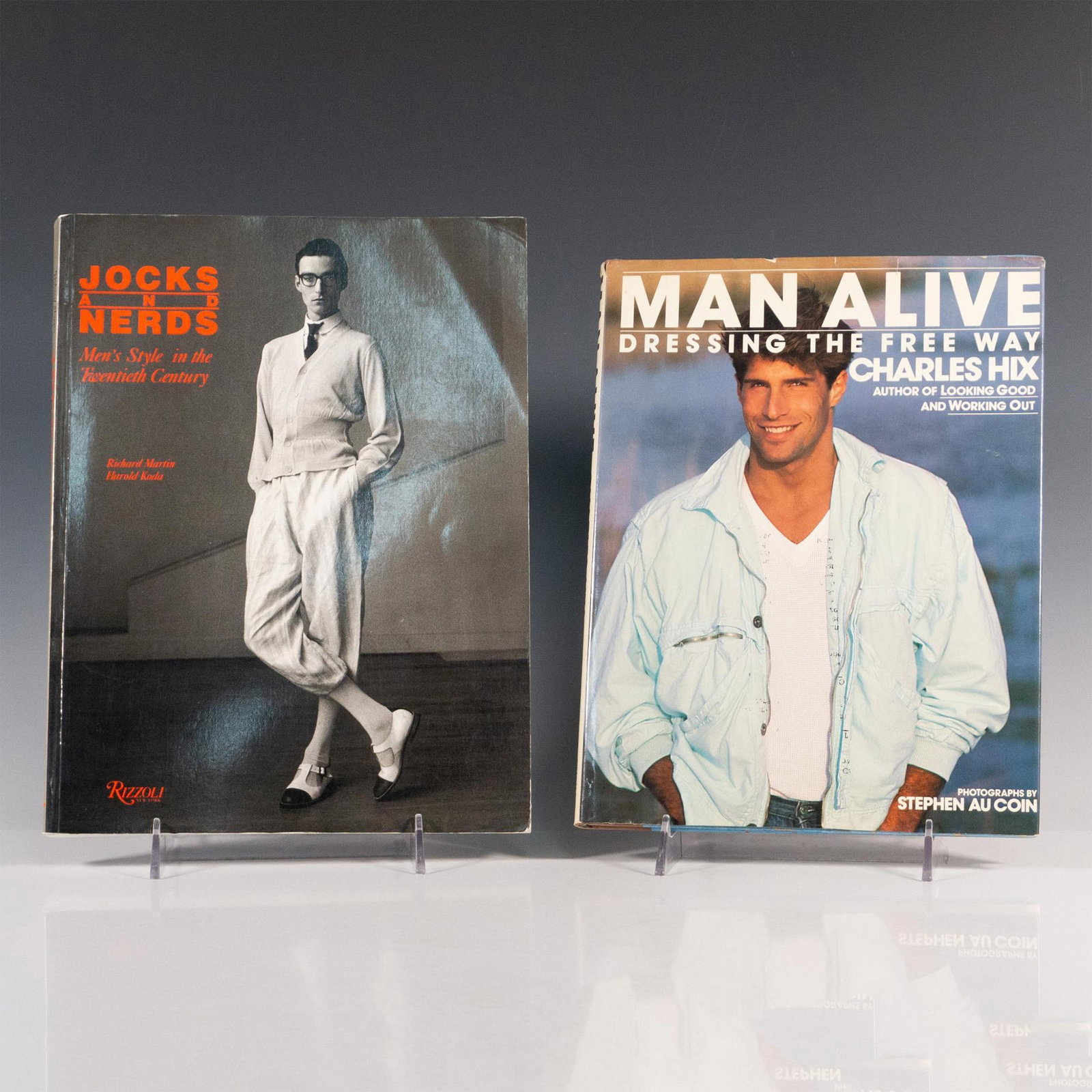 2 Books of Vintage Men Fashion: Titles includes Jocks and Nerds (Richard Martin, 1990), and Man Alive: Dressing The Free Way (Charles Hix, 1984). 2 books of colored, and black and white photos of men's style in the twentieth century